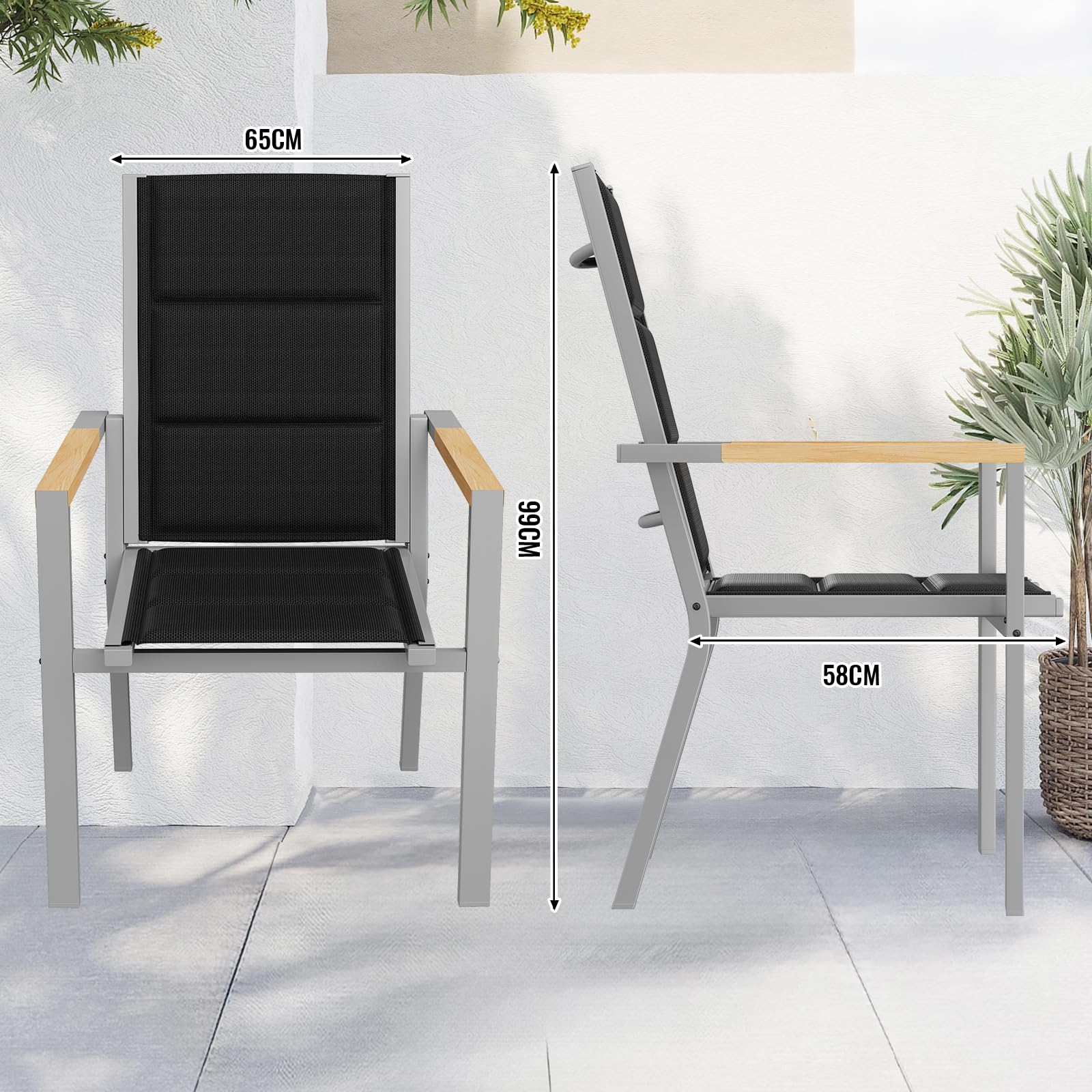 JUMMICO Chaise de Jardin Extérieur Cadre Aluminium avec Accoudoirs Style Bois – Assise Texlin, Empilable et Rangeable sous Table, 160kg de Charge – Parfaite pour Jardin, Cour, Balcon