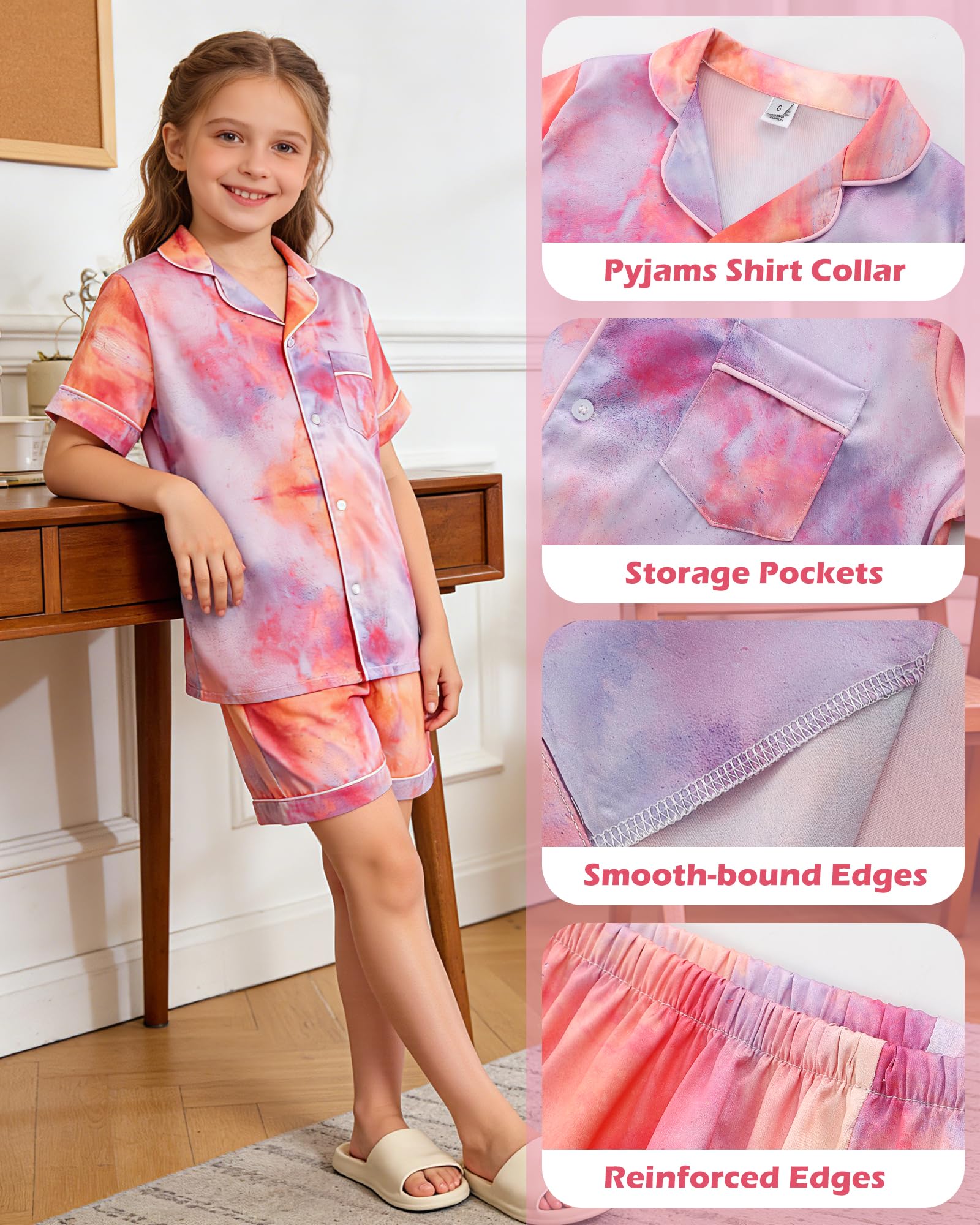 KAKU NANU Pijama de Satén para Niñas Verano 5-13 Años,Conjunto de 2 Piezas con Botones de Manga Corta-Pijama de Verano Transpirable y Suave 5 Estampados Surtidos