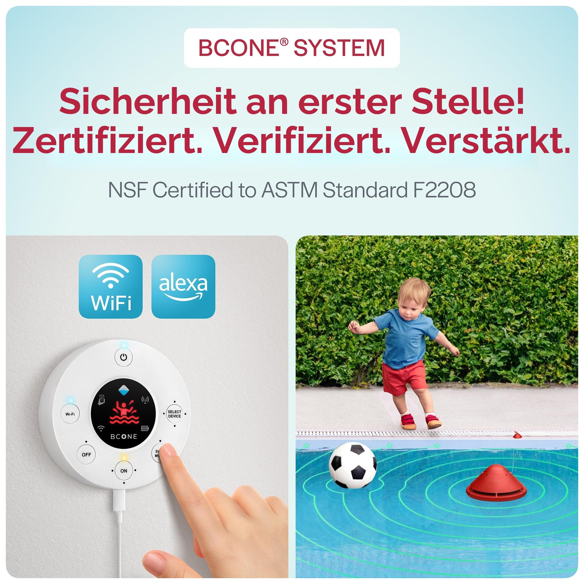 Lifebuoy 2.0 BCone Schwimmbad-Sicherheitsalarmsystem. Lauter Alarm sowohl für den Pool als auch für das Haus.