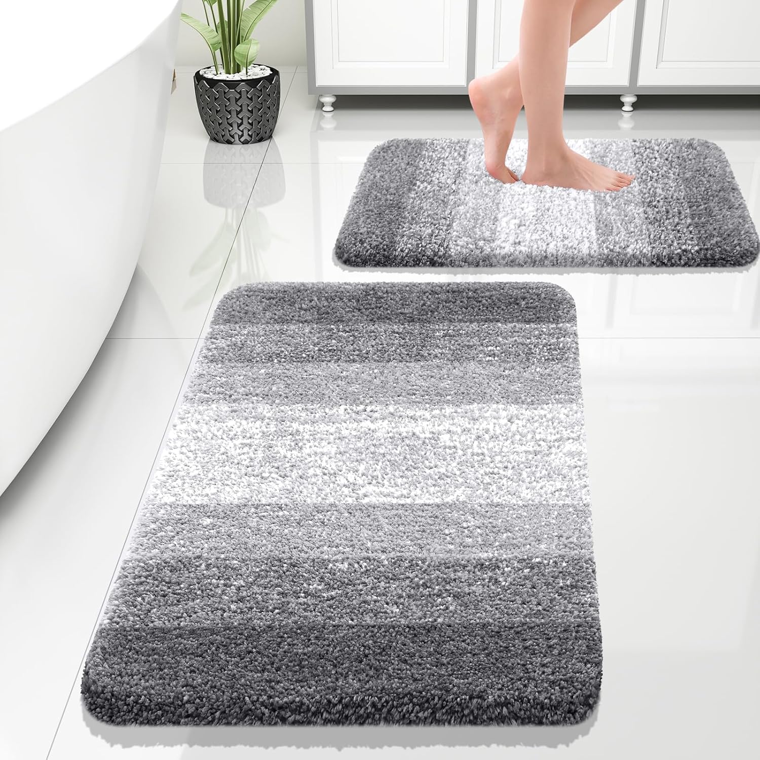 OLANLY Luxury Bathroom Rug Set 2 Piece, Soft Absorbent Microfiber Bath Rug Set, Non-Slip Striped Bath Carpet, Machine Wash Dry, Bath Mats for Bathroom (30″x20″+24″x16″, Grey)