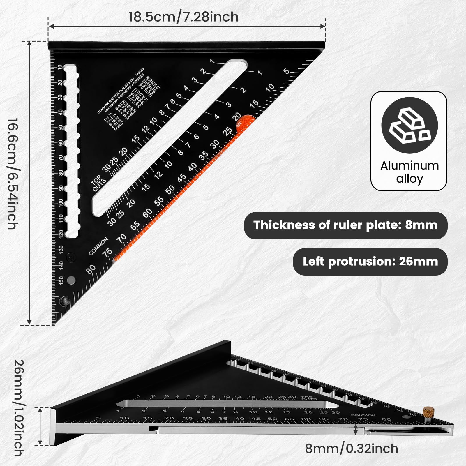 Carpenter Square Magnetic Rafter Square Aluminum Alloy Multi-Purpose Carpenter Tools with 6 Inch Foldable Ruler Bar Carpenter Measuring Ruler Adjustable Square Ruler for Woodworking Measuring Tools