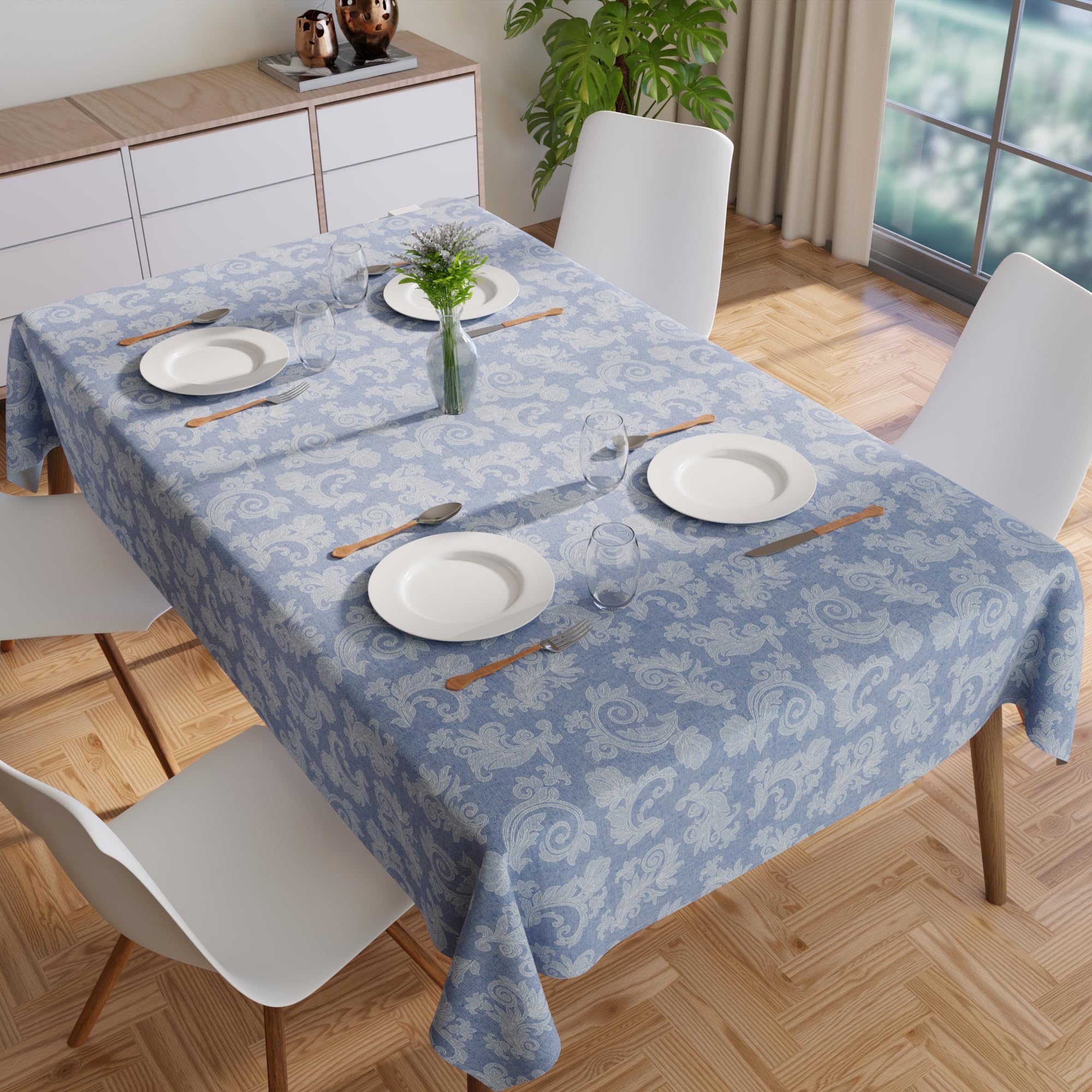 Encasa XO 4 to 6 Seater Dining Table Cloth 145x180 cm (57x72 in) I Floral Blue Jacquard Style Print on Chambray Homespun Cotton I for Family Gatherings Parties I Washable - Image 4
