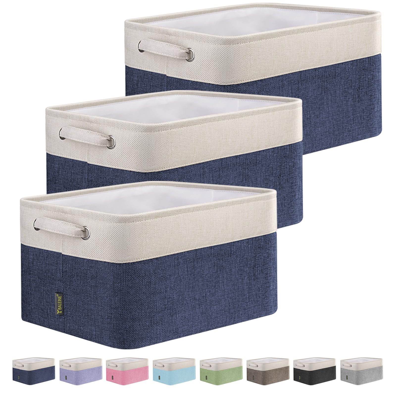 BALEINE 3 Pack Fabric Storage Bins for Shelves, Linen Storage Baskets for Organizing, Decorative Closet Bins for Clothes, Home (Navy Blue, 15"x11"x9.5")