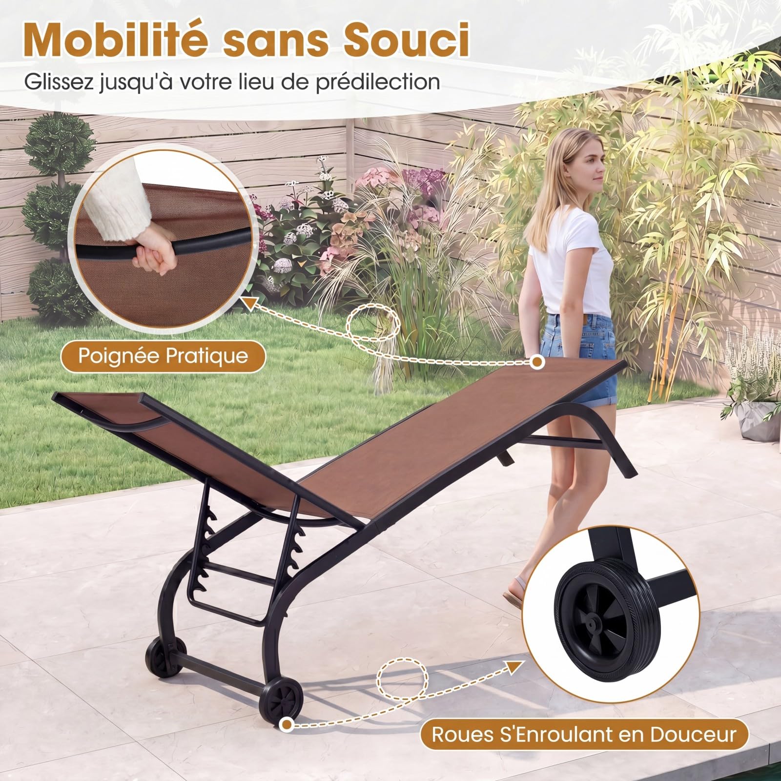 COSTWAY Bain de Soleil à roulettes Inclinable, Dossier à 6 Positions,Marron