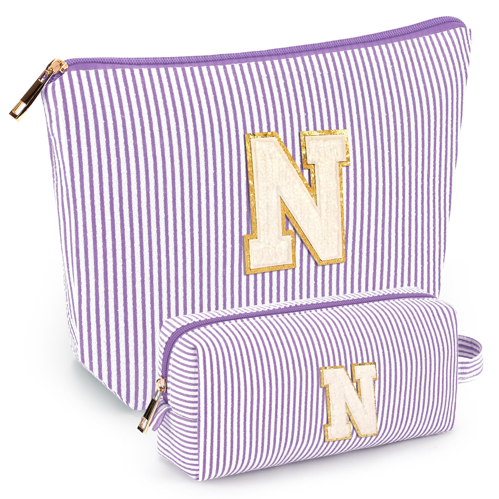 Photo 1 of 2 PCS Initial Makeup Bags for Women: Cosmetic Bag for Travel Toiletry - Birthday Gifts for 11 12 13 14 15 16 17 18 Years Old Girl Graduation Teacher Gift- Teen Girl Gifts Trendy Stuff - Purple N