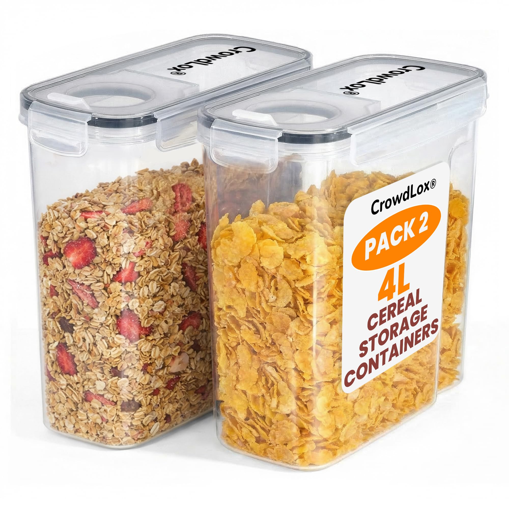 CrowdLox Cereal Storage Containers 4L Food Grade and BPA Free Sets with Lids and Labels Kitchen Storage & Organisation Food Containers Large Kitchen Organiser for Cornflakes (Pack of 2)