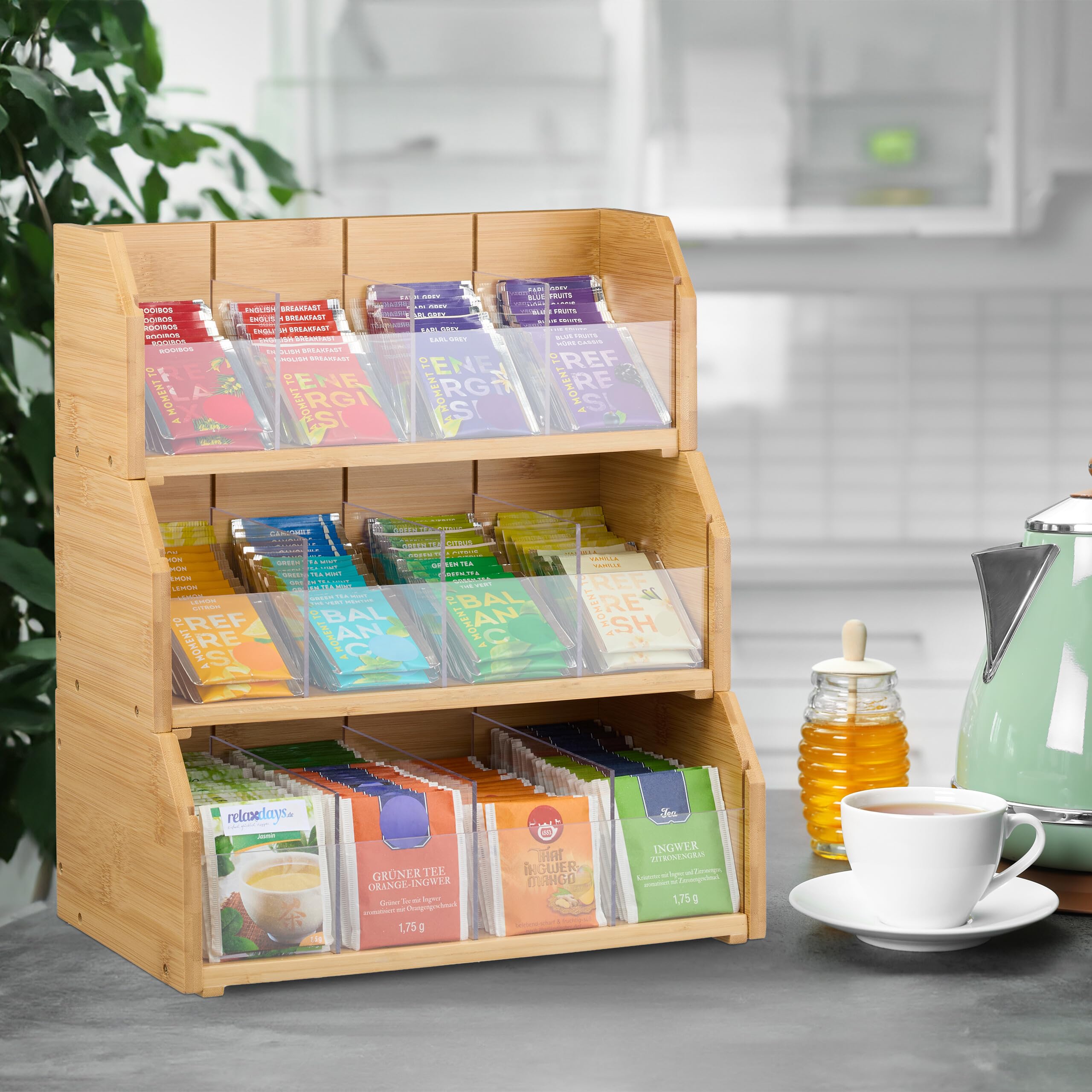 Relaxdays Organiseur à thé, 12 Compartiments, en Bambou, Aussi pour Capsules de café, HLP : 36 x 31 x 19 cm, Nature