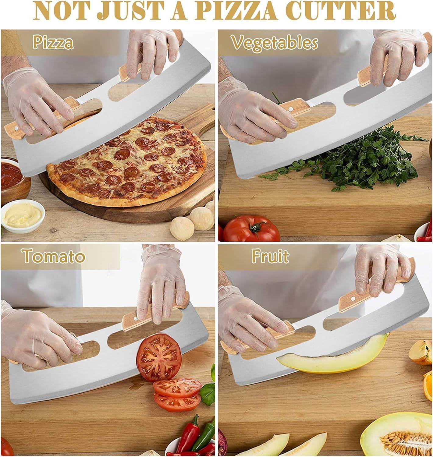 Toriox Pizza Cutter Rocker Blade 14" Large Sharp Stainless Steel Rocker Knife Pizza Slicer Knife with Protect Cover, with Stainless Steel Pie Server Pizza Sever All Types Crusts Bread Vegs (Wood) 2
