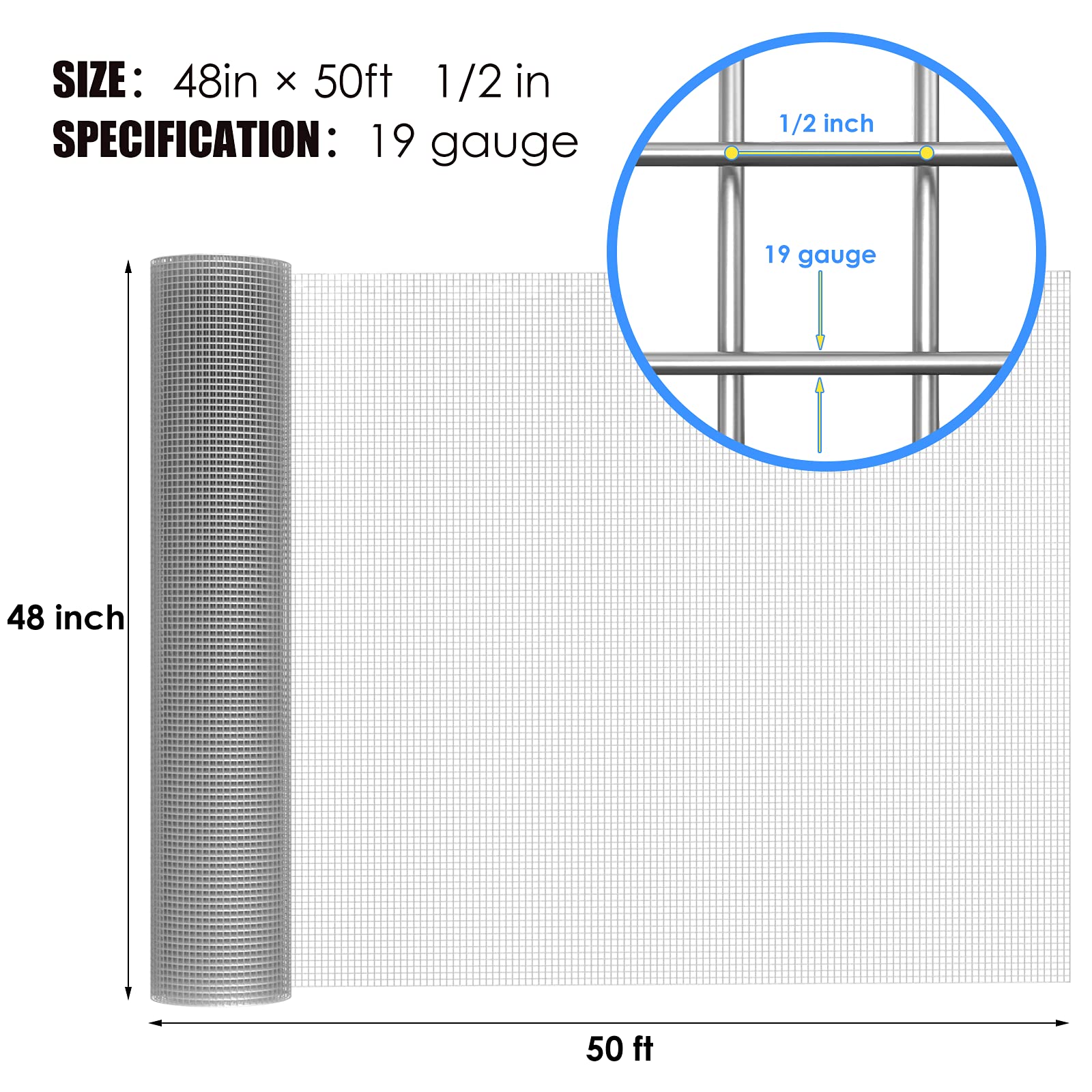 HOSOM Hardware Cloth 1/2 Inch 48" x 50' Rabbit Wire Fence, Chicken