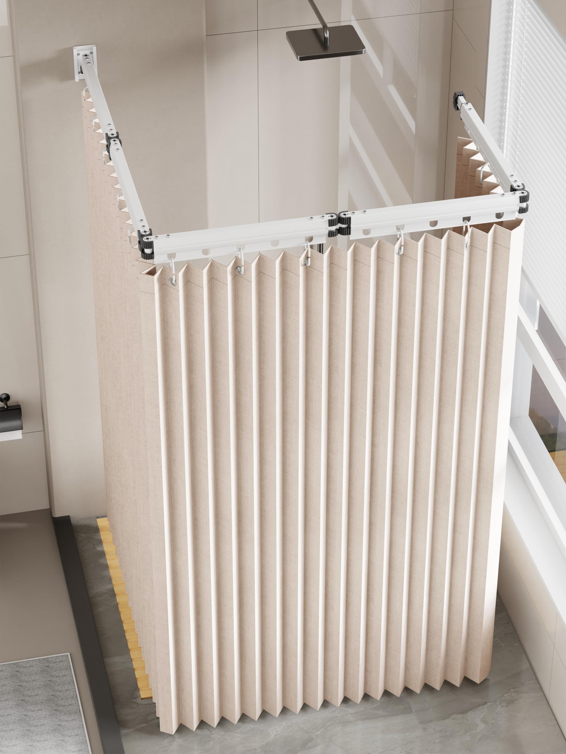 Bastone Tenda Doccia Senza Foratura, Pieghevole 2m, con Tenda da Doccia 1,8×2m, Asta 5 Pieghe e Asta Telescopica 25,5cm, per Bagno, Spogliatoi, Camper (Bianco)