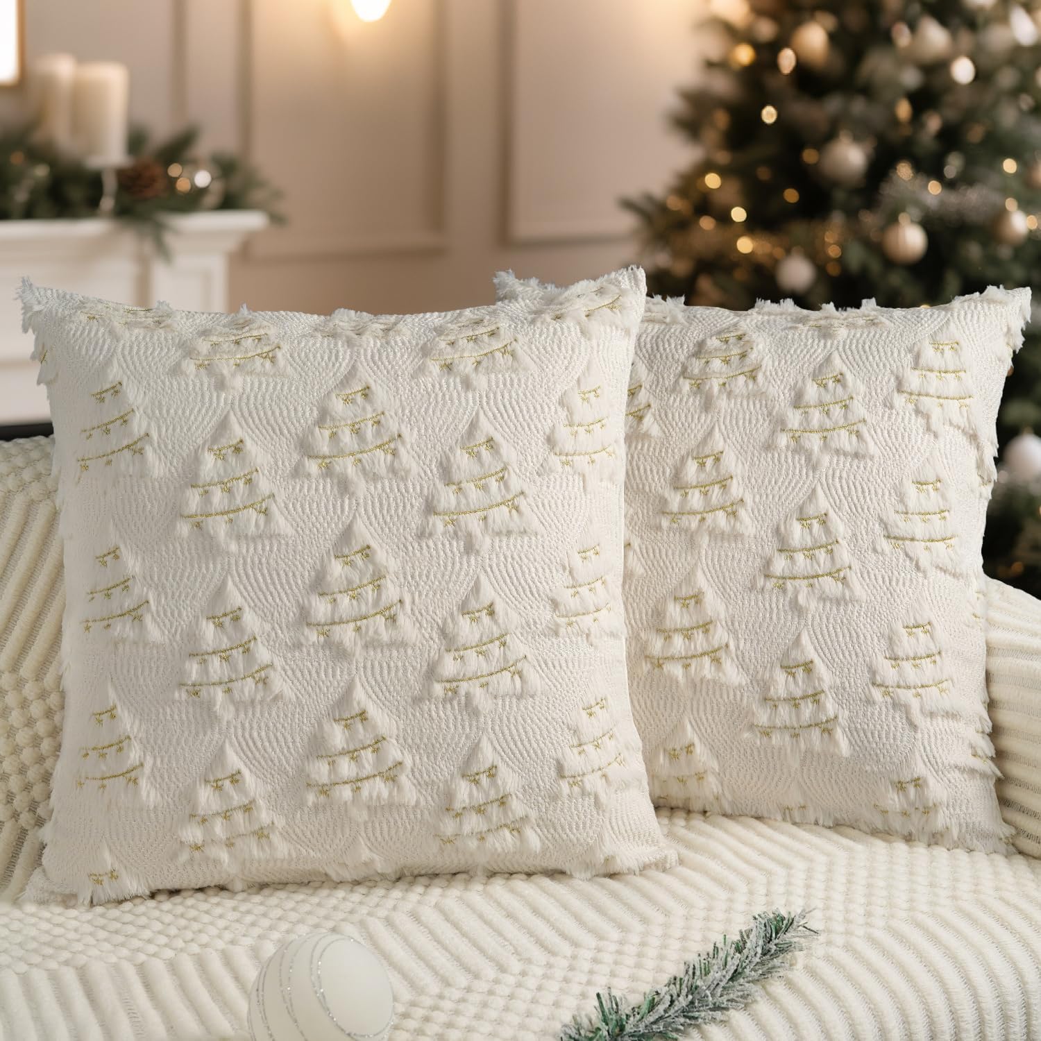 Artmag Christmas Pillow Covers 16x16 Inch Set of 2 Decorative Throw Pillow Case Soft Plush Faux Fur Xmas Tree Gold Lines for Holiday Winter Living Room Sofa Cream White