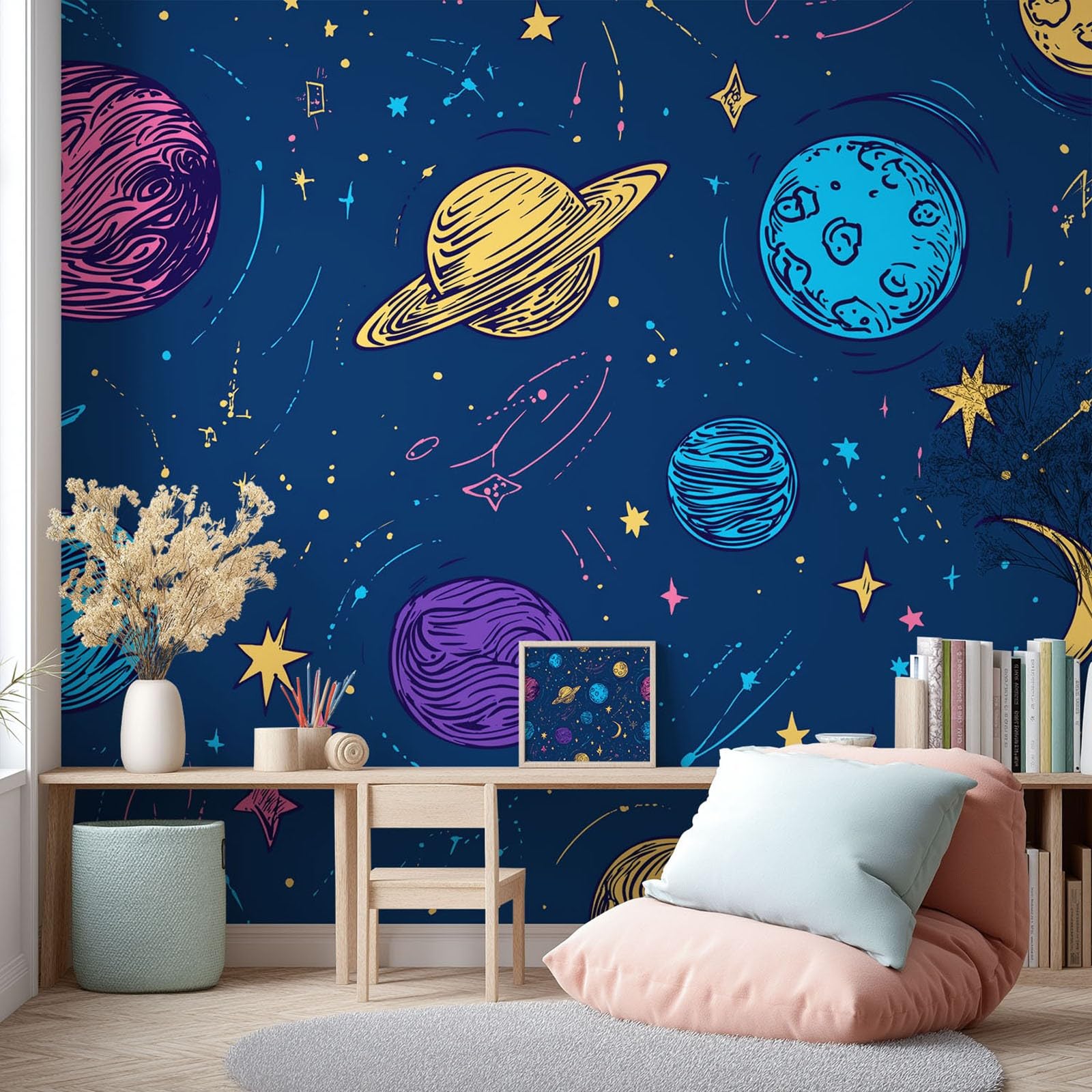 Tapeta 3D z kreskówki, marzycielska, romantyczna 300 x 210 cm, mural ścienny, planeta, księżyc, tapeta do sypialni, przedszkola, malowniczego ogrodu, wisząca