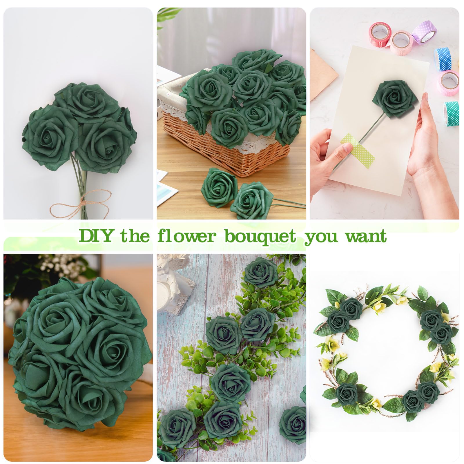Tigeen 100 Pcs Real Touch Artificial Foam Roses Artificial Flower Bulk Fake Roses with Stems Decoration DIY for Wedding Brides Maid Bridal Bouquet Centerpieces Party Baby Shower Home (Army Green)