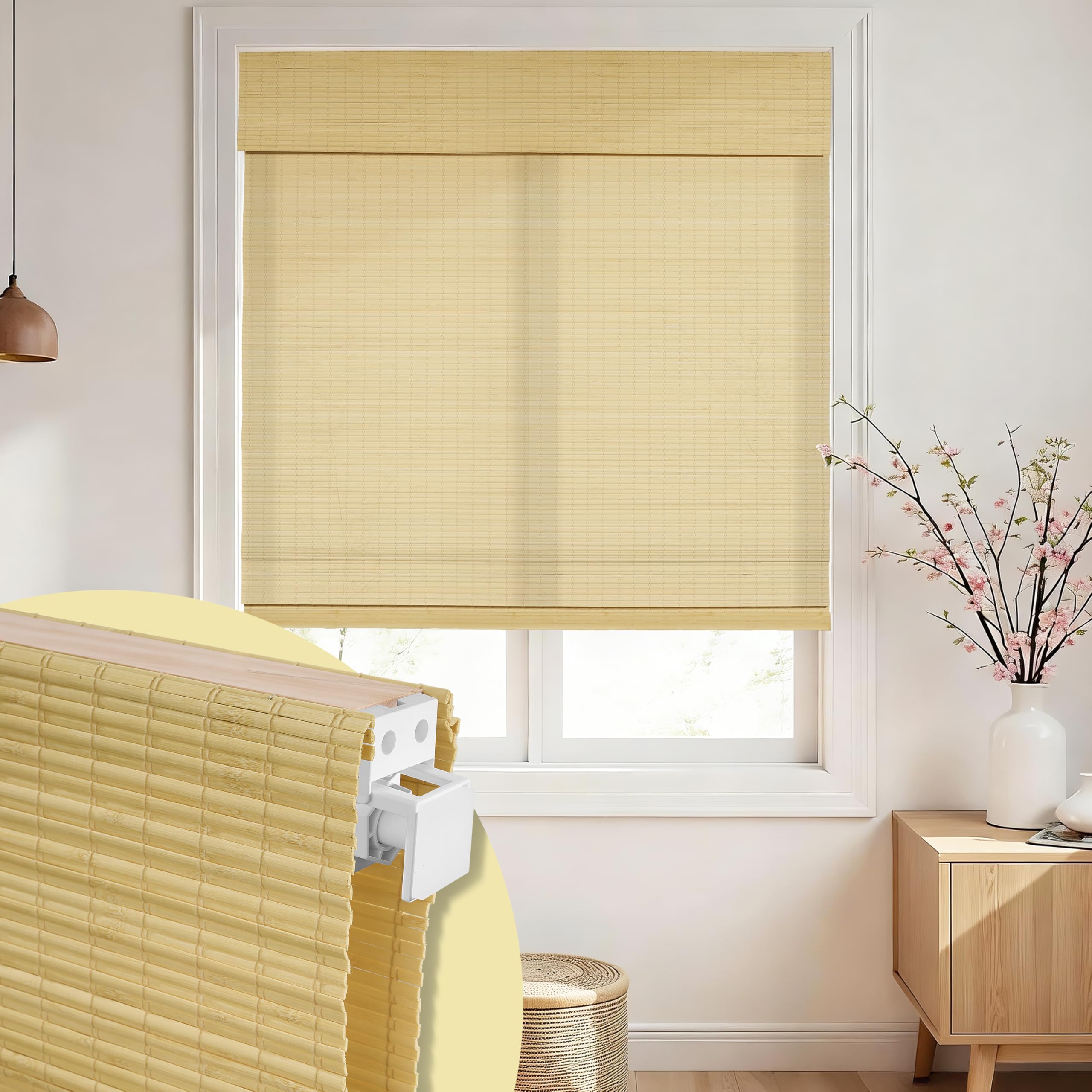 no drill no tools bamboo roman shades, cordless light filtering window blinds with valance, natural woven wood shades for living room dining room, privacy beige, 46" w x 48" h