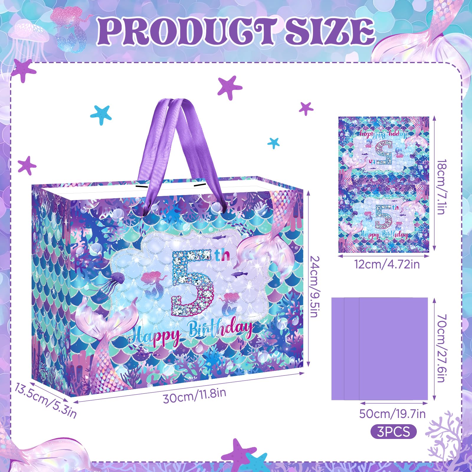 LUUFILx 5th Mermaid Birthday Gift Bag for Girls 5th Purple Mermaid Theme Birthday Wrapping Paper with Tissue Paper Greeting Card Purple Gift Bags with Ribbon Handle for Baby Shower Decor Supplies