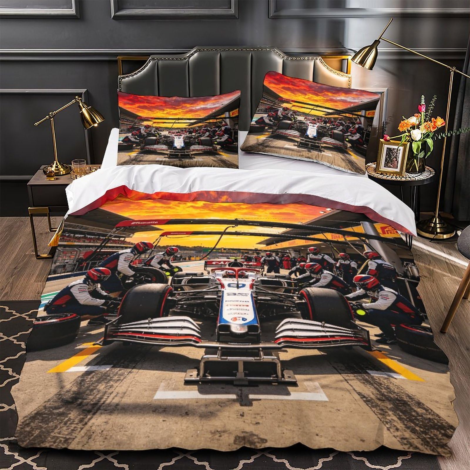 DAFUfbw Formulaa Racing Theme Bedding Set Double（200x200cm）, Pit Stop Duvet Cover Set with Pillowcases, 3D Formulaa Racing Quilt Cover Soft Microfiber