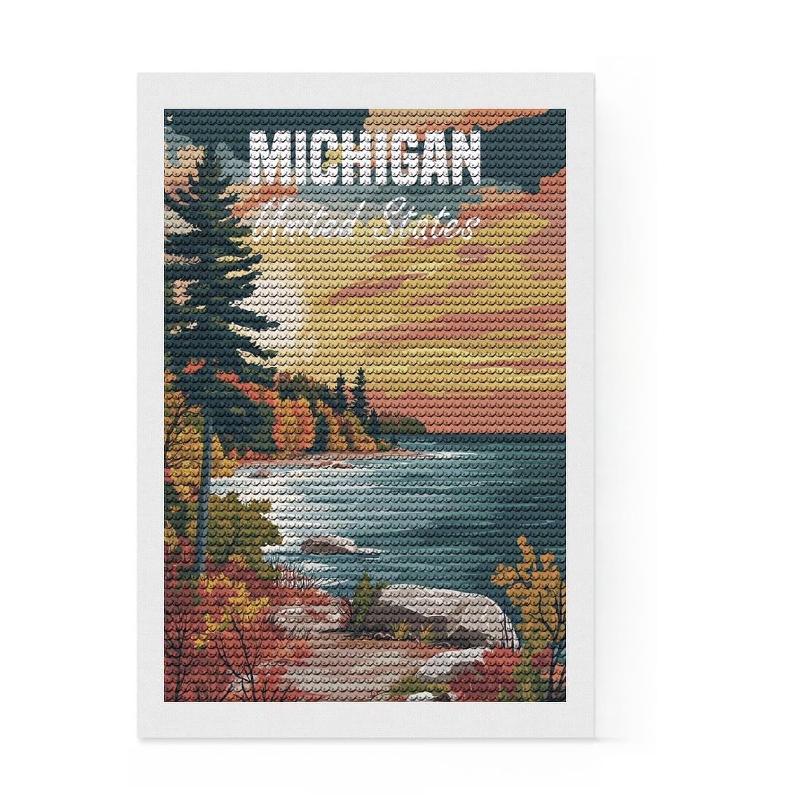 Junmoney Michigan Landscape 5D Diamond Painting Kit 8"x12", Round Gems, Aesthetic Room Decor, Seasonal Gift Choice, Gift Idea, Leisure Activity