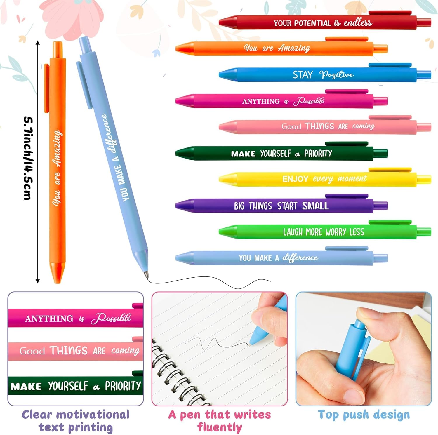 ANGOLIO Motivational Pens Inspirational Notepads Set - 150 Positive Affirmation Gift Stationery with Ballpoint Pens, Flowerpot Cards Bulk for Back to School Classroom Office Supplies Thank You Gifts