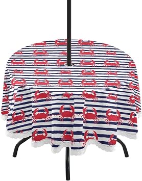 Red Crabs and Stripes Round Tablecloth Outdoor with Umbrella Hole and Zipper, 60 Inch Polyester Tablecloth for Indoor & Outdoor Patio Garden Picnic BBQ