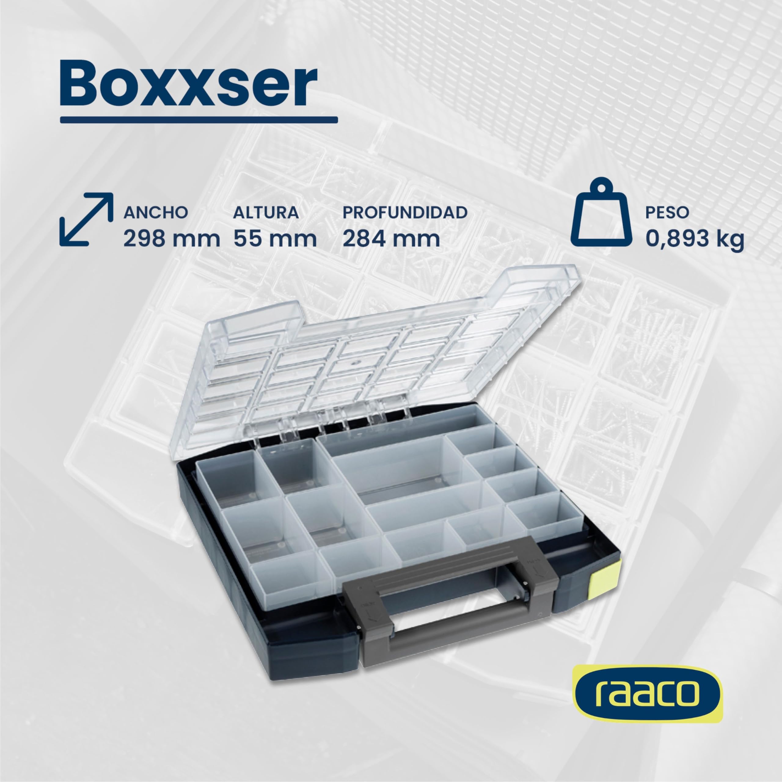 raaco Boxxser 55 5x5-15: Caja Organizadora de Tornillos Premium para Taller con 15 Compartimentos, Almacenaje Seguro, Portátil, 28,4 x 29,8 x 5,5 cm, Caja de Herramientas