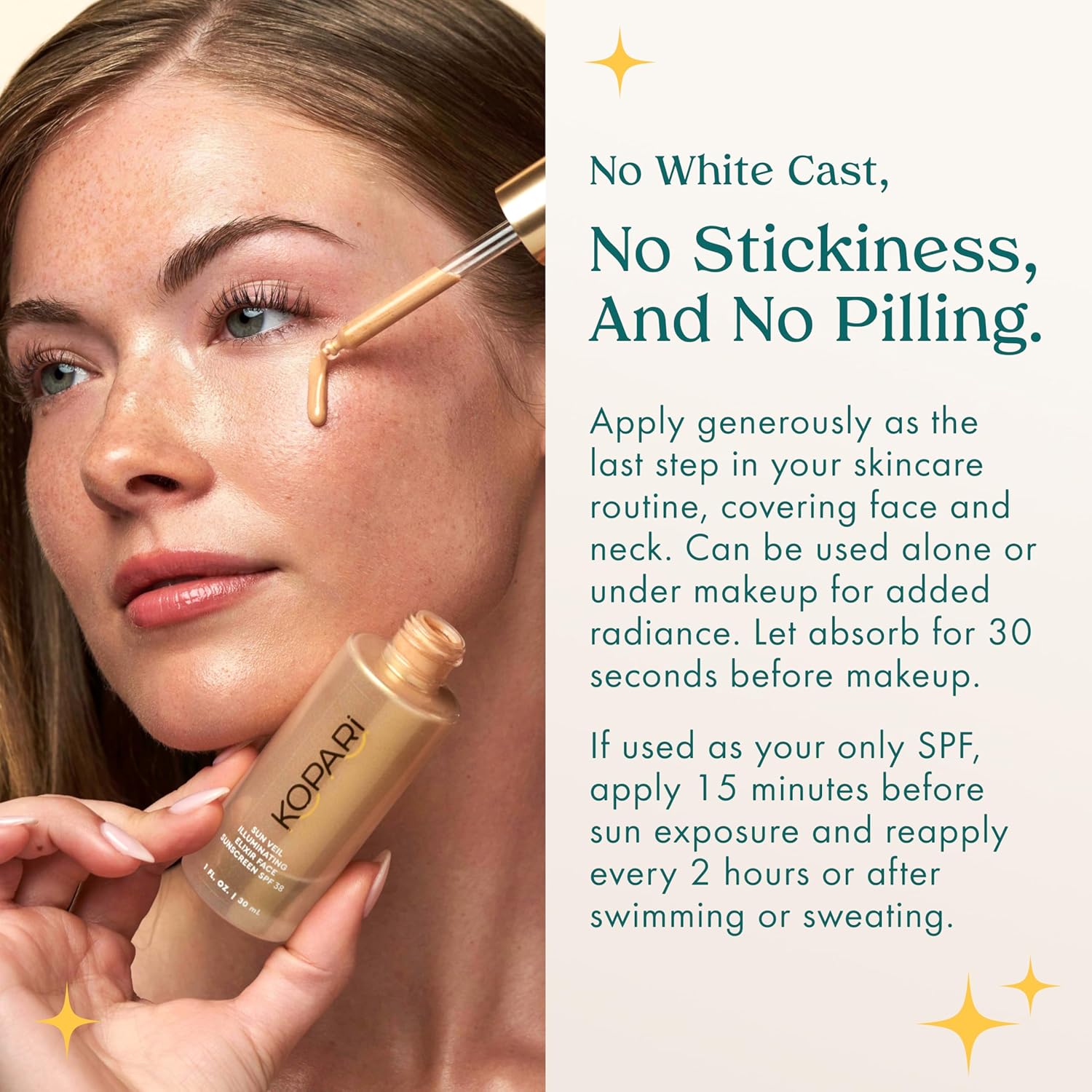 Kopari Sun Veil Illuminating Elixir Face Sunscreen SPF 38 | Lightweight Face Sunscreen with Shea Butter & Mica | Buildable Mineral SPF, Radiant Golden Glow Finish