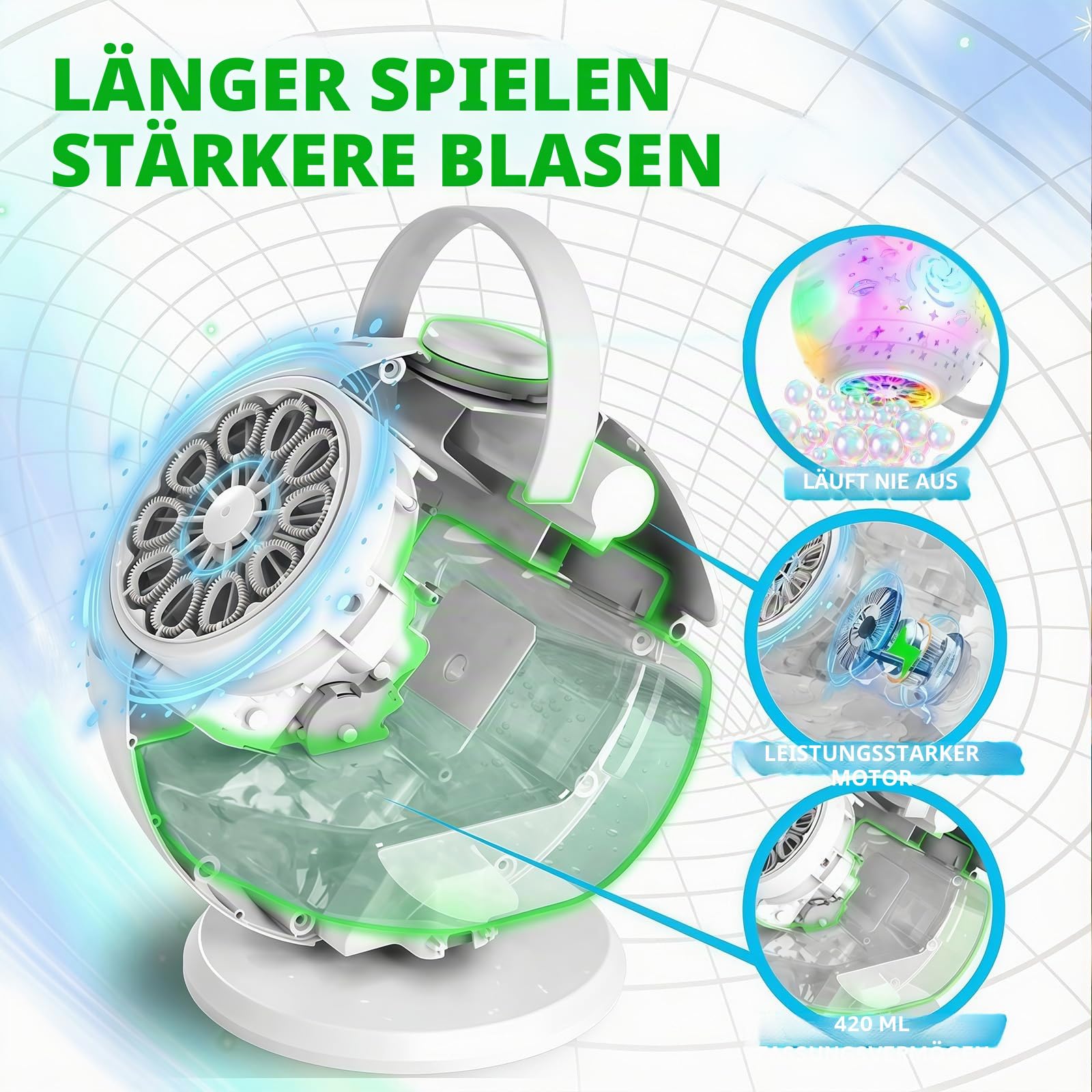 Tecnock Wiederaufladbare Seifenblasenmaschine mit Fernbedienung, 360° Rotation, LED, USB-C, 45 Min Laufzeit