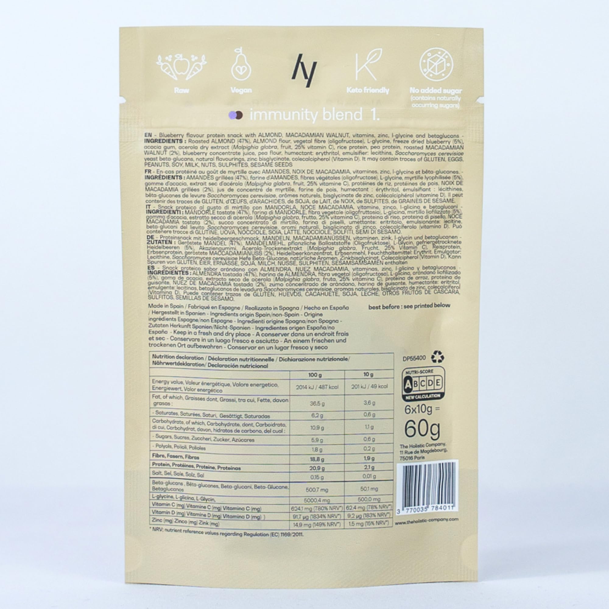 6 Bouchées Protéinées Amande et Myrtille | Snack Sain Riche en Proteine Vegetale, Vitamine C & D, Zinc| Barre Protéinée Aux Amandes |Pre Workout Multivitamines Minéraux Keto Sans Sucre Ajouté 6 x 10gr