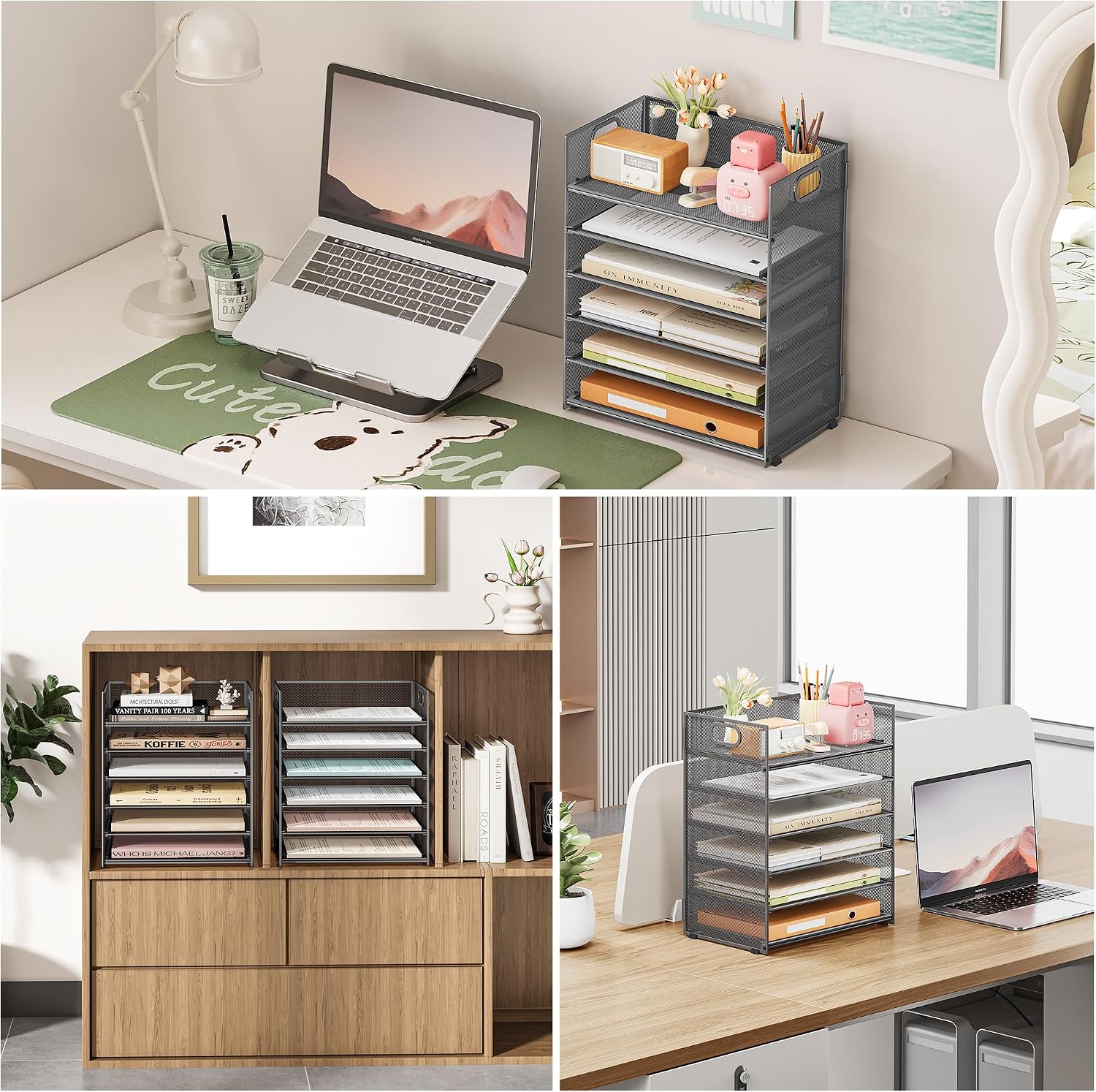 Subekyu 6-Tier Desk Paper Organizer, Desktop File Letter Tray with Handle, Document Sorter and Accessories Holder for Office, Home and School Workspace Organizers, Gray-2 Pack image 3