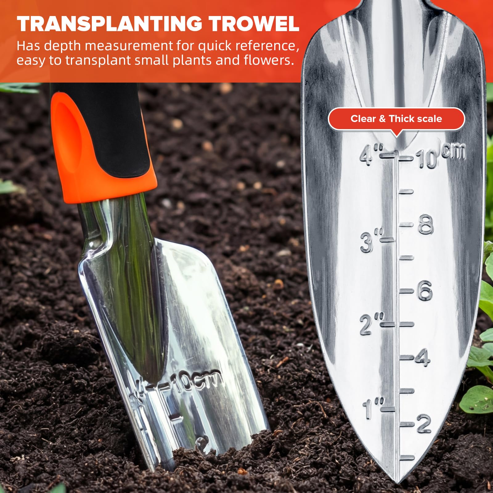 Bamworld Set di 3 Attrezzi da Giardino Resistente, Kit Giardinaggio in Lega di Alluminio con Impugnatura Ergonomica, Include Pala, Trapiantatore e Rastrello per Piantumazione e Prato, Arancione