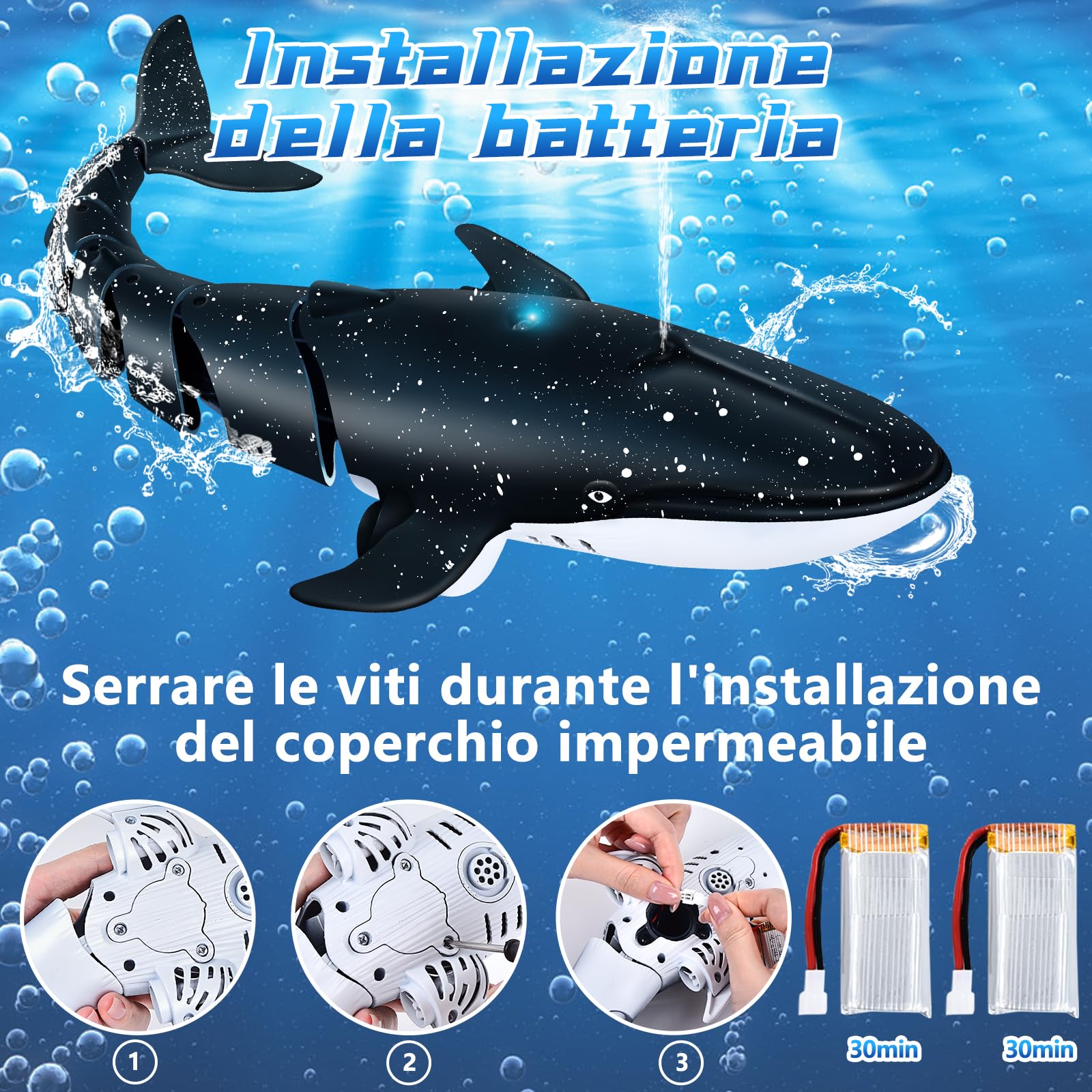 IEEILULU Balena Telecomandato, 2.4GHz Balena Giocattolo Telecomandato con USB, Giocattoli con Imbarcazioni Balena Telecomandata, RC Balena Regalo per Bambino di 6+ Anni Piscina Bagno (Blu)