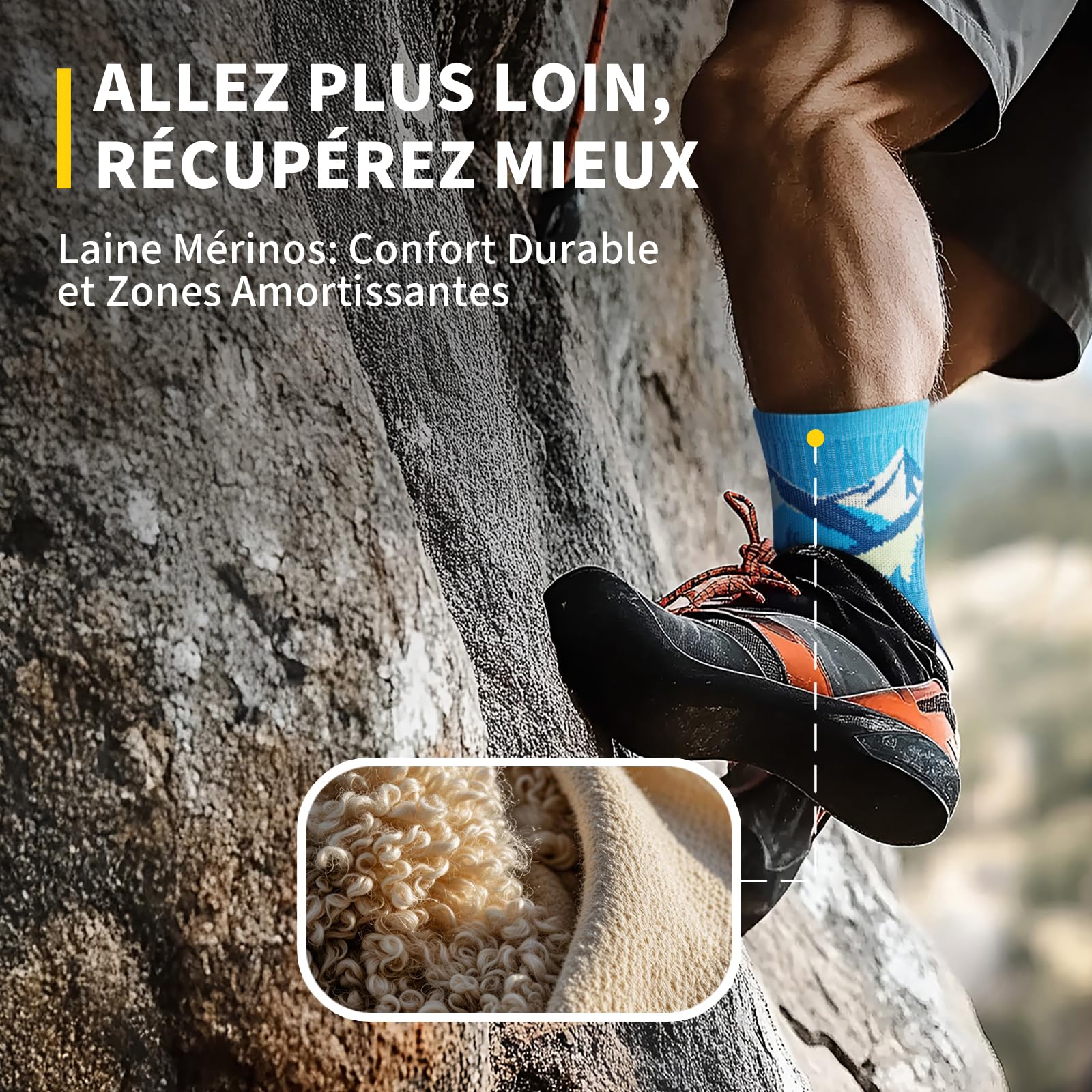 Chaussettes Randonnée Anti Ampoules Homme Femme en Mérinos Laine, Douces Respirant avec Rembourrage, 2 Paires