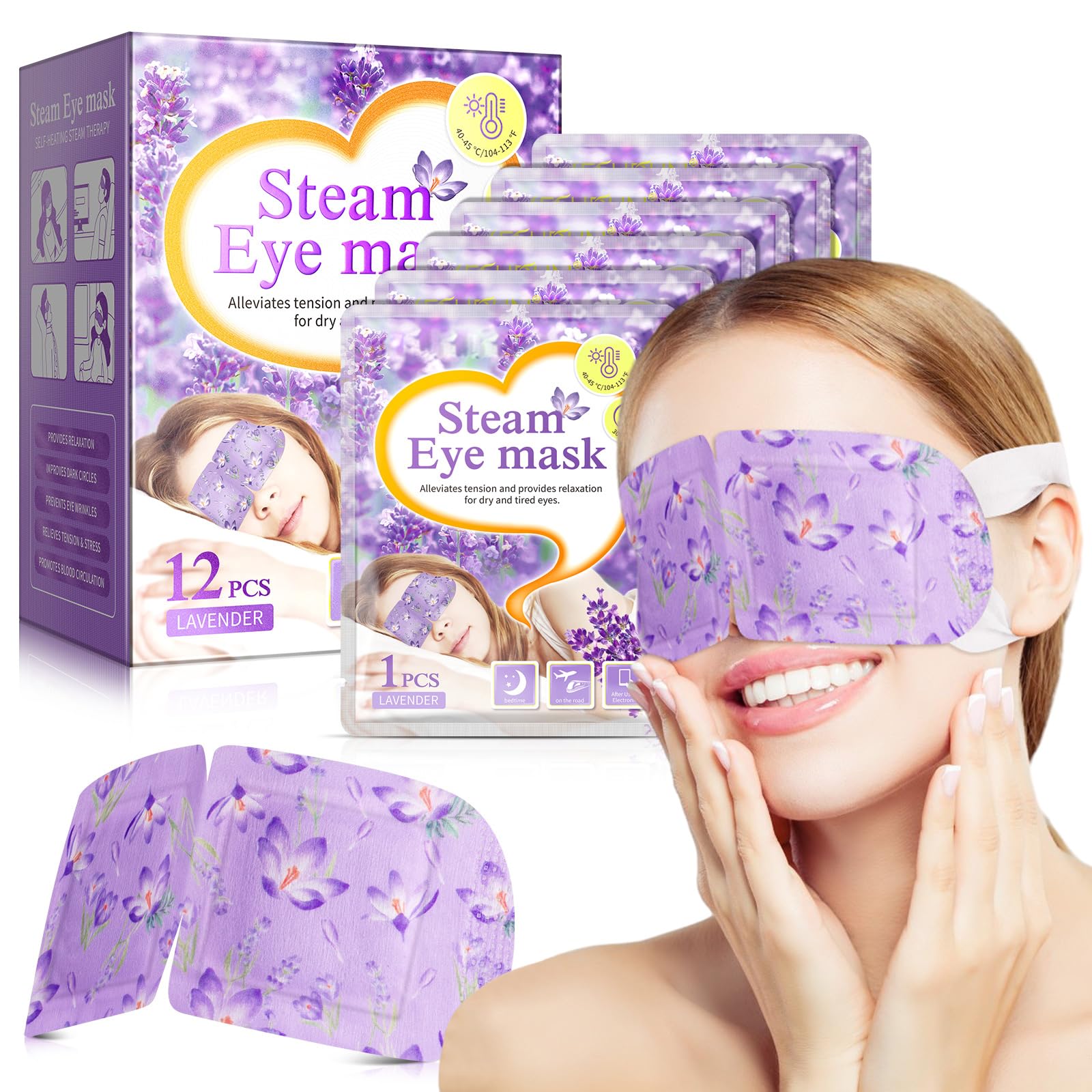 Augenmaske Wärmende Mit sanftem Dampf, 12 PCS Lavendeldampf-Augenmaske zur Beseitigung von Augenringen und zur Linderung trockener Augen Eye Mask (Lavendel)