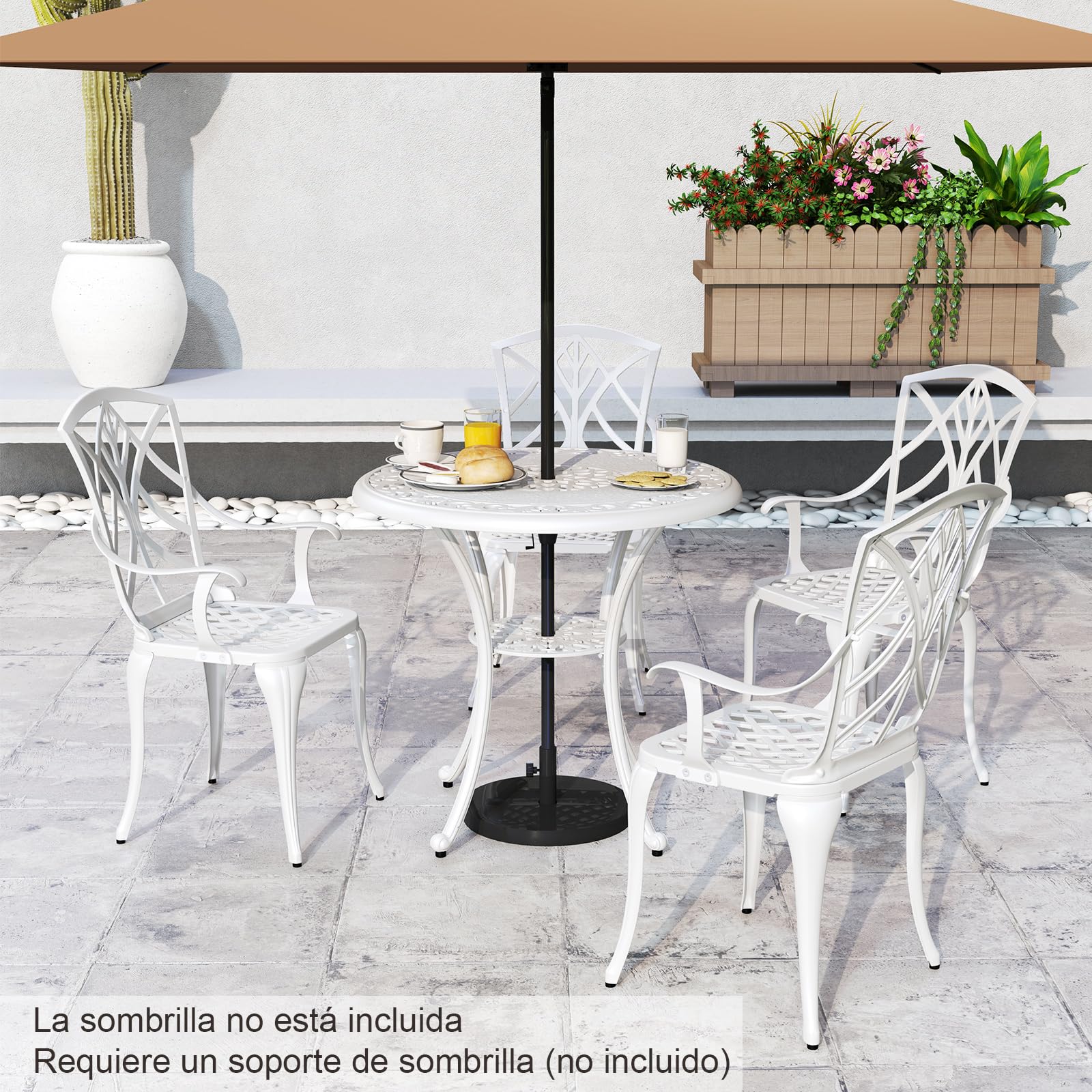 COSTWAY Mesa y Sillas Bistro, Aluminio Fundido, 1 Mesa con Orificio para Sombrilla y 4 Sillas, Conjunto Mesa y Sillas Jardin Balcon Terraza (Floral)