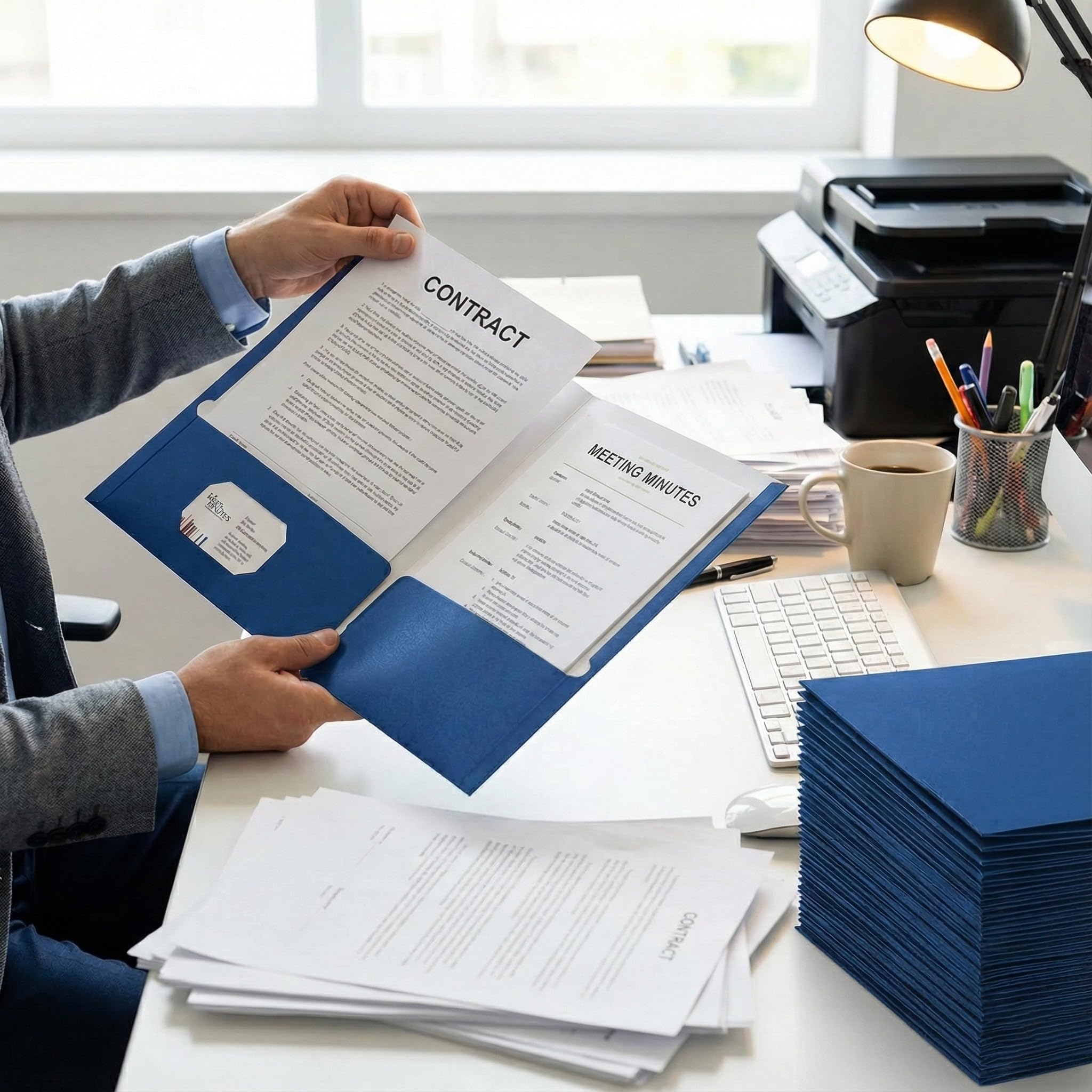 Zzrywuty Lot de 100 dossiers avec poches, format lettre, avec fente pour cartes, deux poches pour étudiants, hommes d'affaires, employés à domicile et de bureau (bleu)