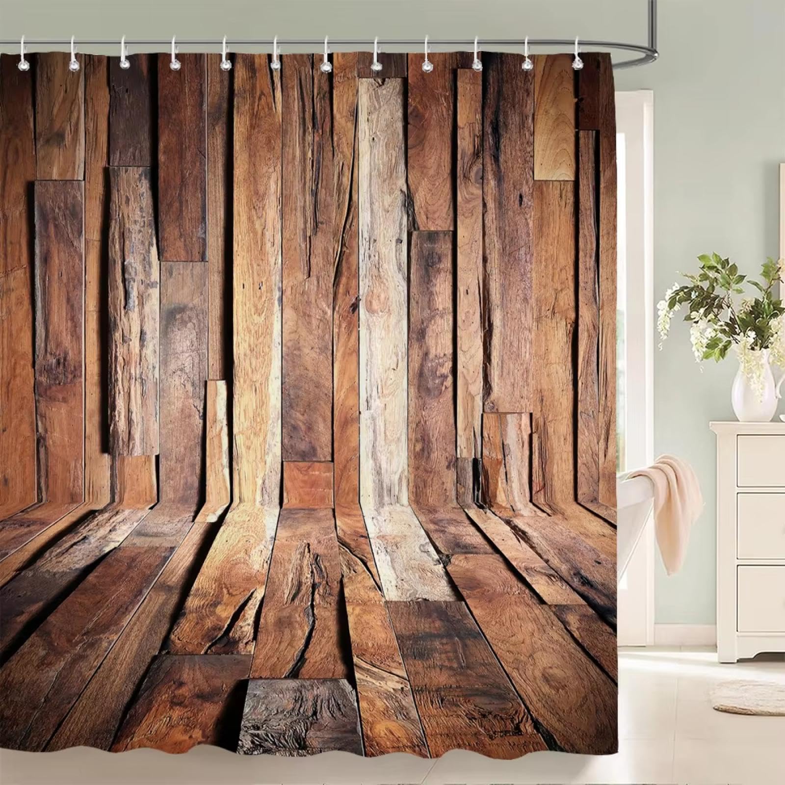 Rideaux de douche 3D vieux bois style européen étanche 165x153cm