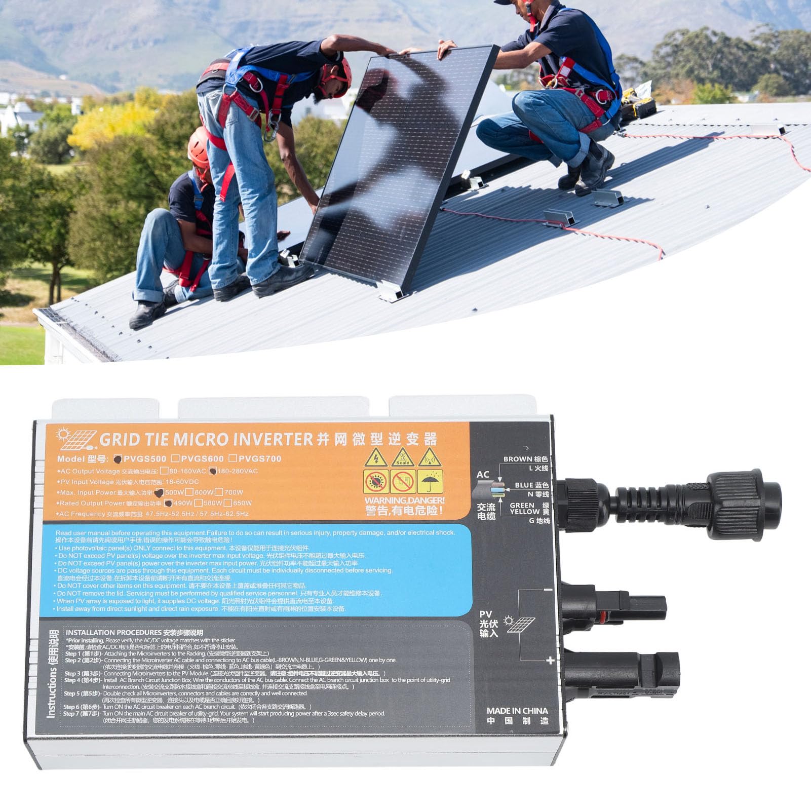 FTVOGUE Microinversor Solar de 500 W, Microinversor de Conexión a Red Solar de Aleación de Aluminio AC220 V Protección de Corriente de Onda Sinusoidal Pura para Panel Uso de Energía en el Hogar