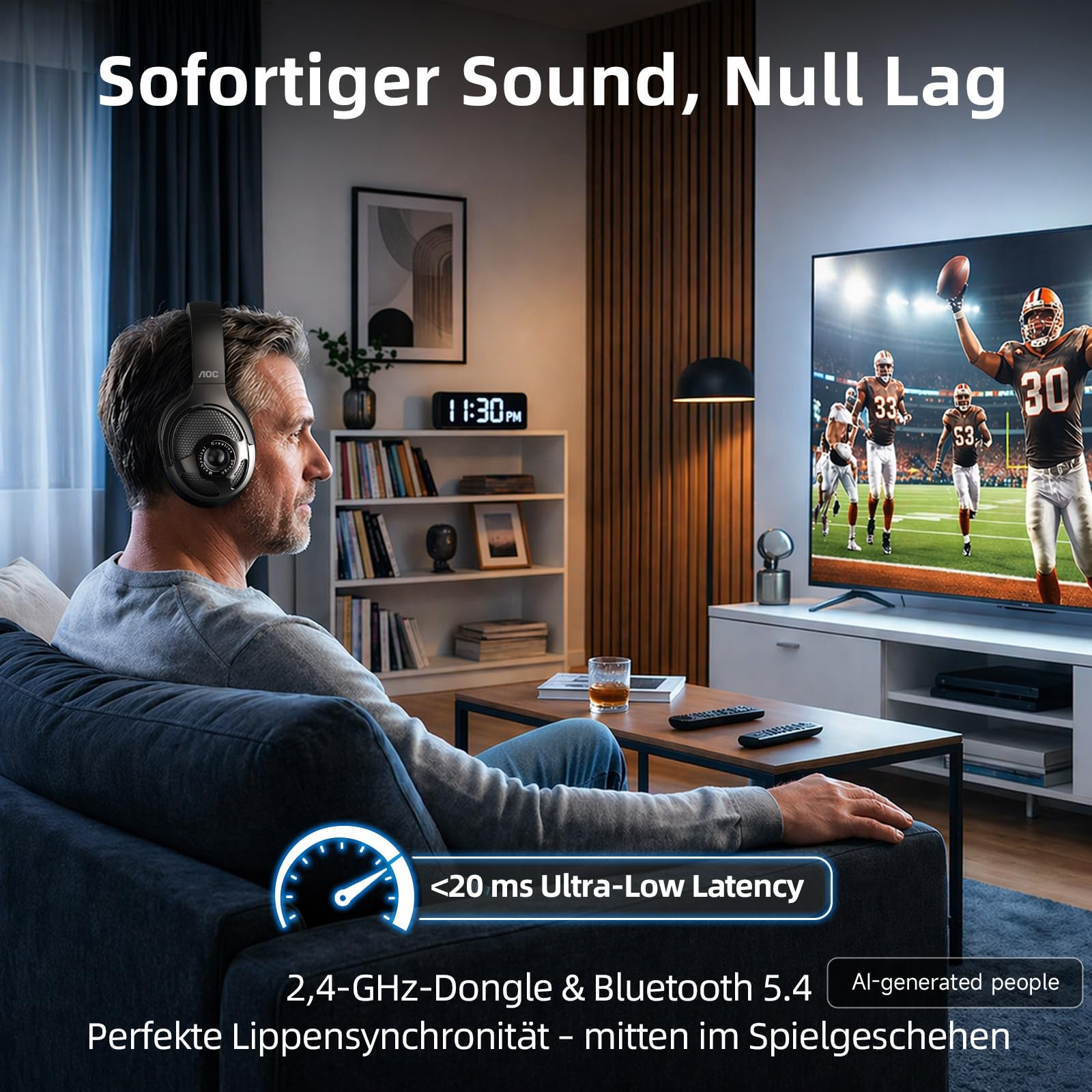 AOC Funkkopfhörer für Fernseher, Wireless TV Headphones mit 48 Std Akkulaufzeit, Keine Audioverzögerung, Blutooth-Kopfhörer, Plug-und-Play, Kabellose TV-Kopfhörer mit TV-Sender für Senioren, Schwarz