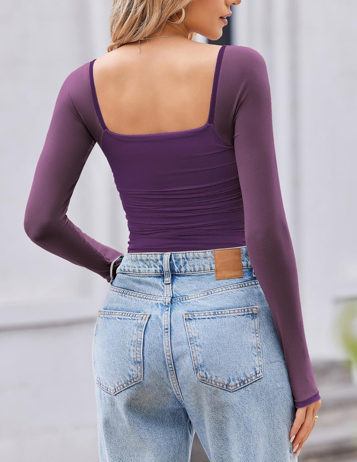 Avidlove Women's Square Neck Mesh Long Sleeve Bodysuit Shirts Ruched Body Suit Sexy Sheer Tops Date Night Outfit