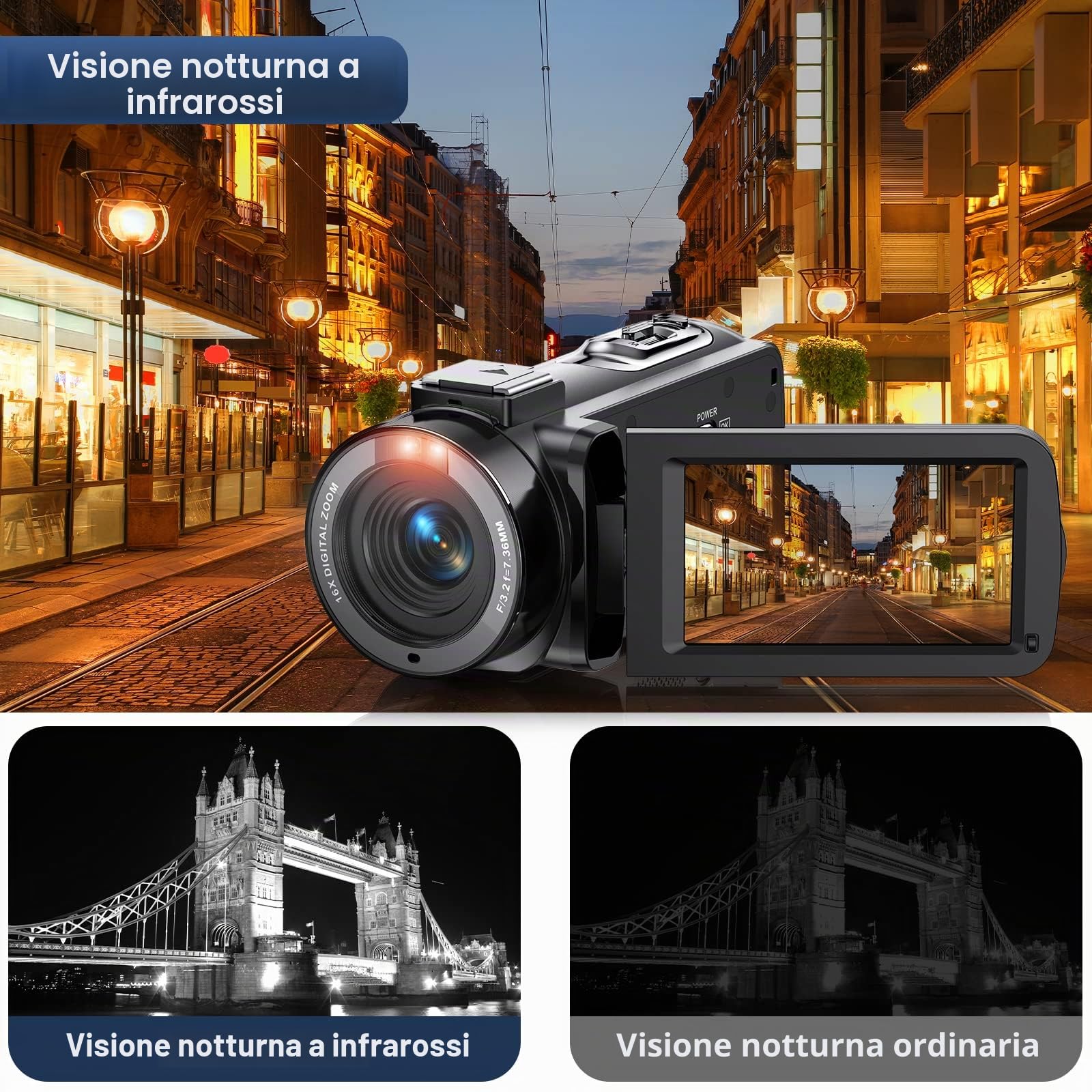 VAHOIALD Videocamere Digitali UHD 1080P 36MP 30FPS Video Camera,IR Visione Notturna Vlogging Camera,16X Zoom Digitale 3.0" IPS Ruotabile 270 ° Videocamera youtube con Telecomando,2 batterie