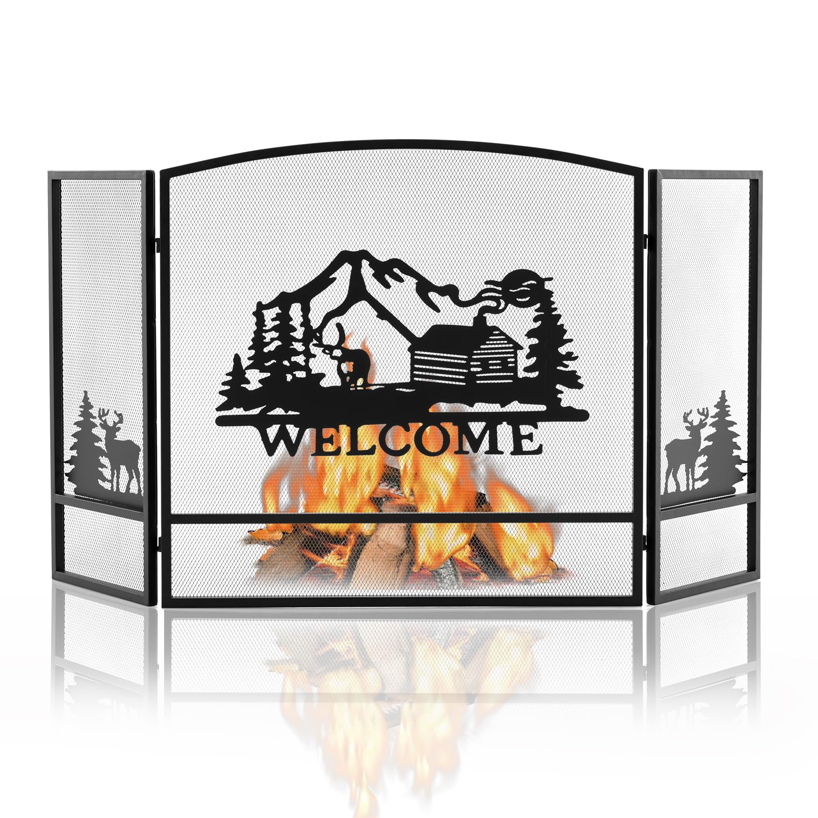 TANGZON 3 Panel Fire Guard, Folding Metal Fireplace Spark Screen