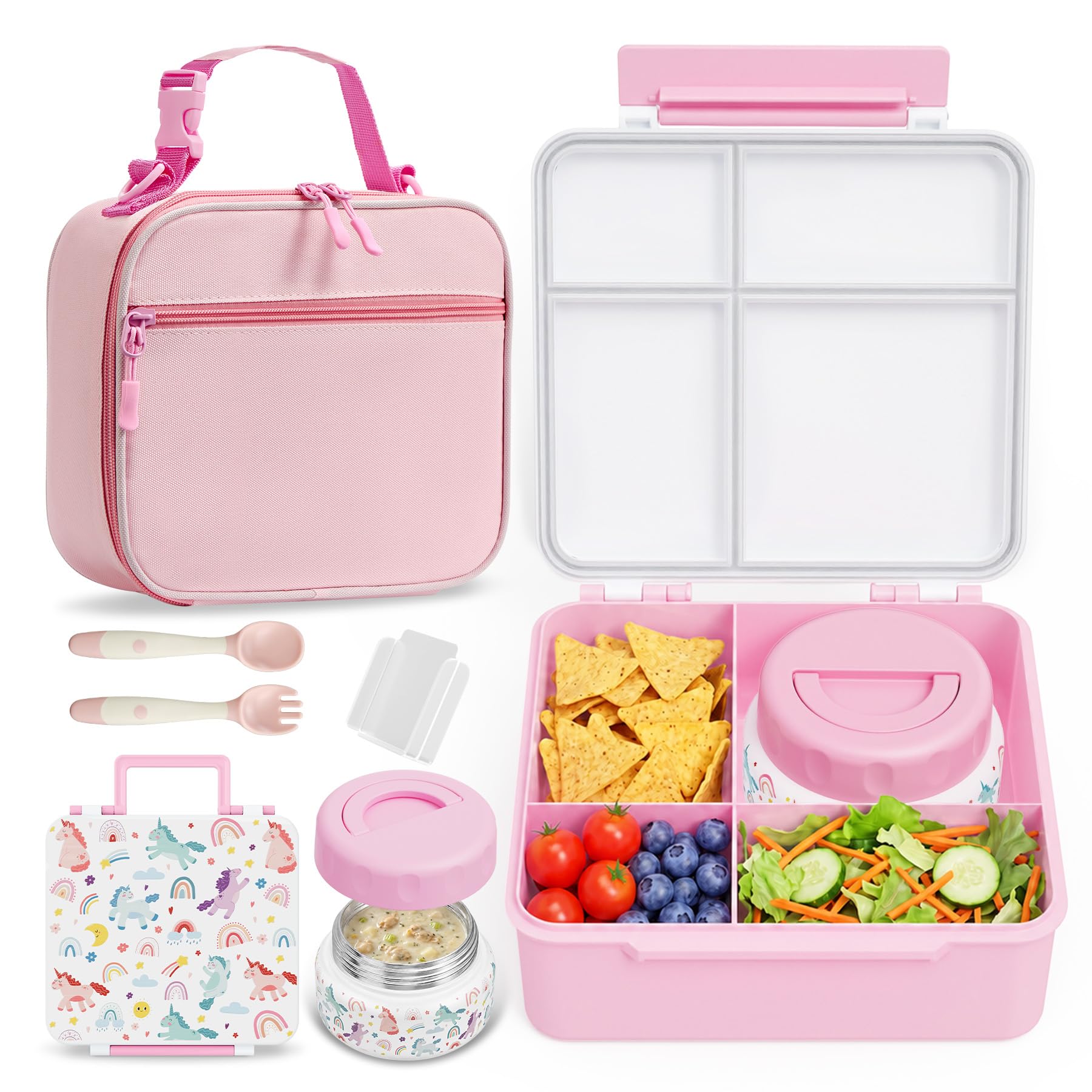 Bento Box for Kids with Thermo Food Container (9oz), 4-Compartment Lunch Box, Adjustable Divider, Leakproof Bento Lunch Box, Includes Utensils & Carry Bag for School, Office(White-Horse)