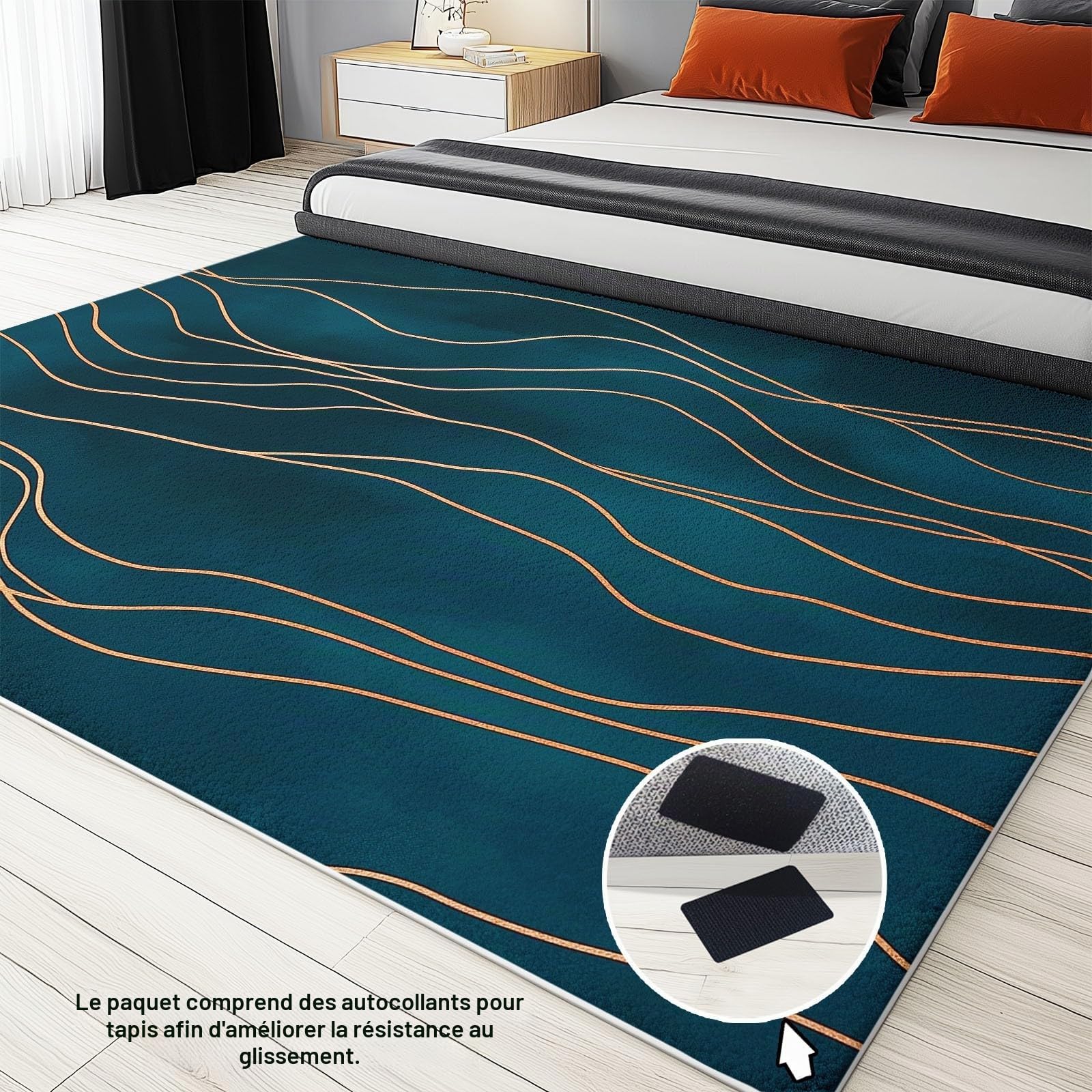 Tapis Moelleux de Salon Moelleux Lignes ondulées dorées Modèle adaptés à la Chambre à Coucher des Enfants décor à la Maison de la Chambre à Coucher intérieure Tapis (Bleu canard foncé 160 x 230cm)