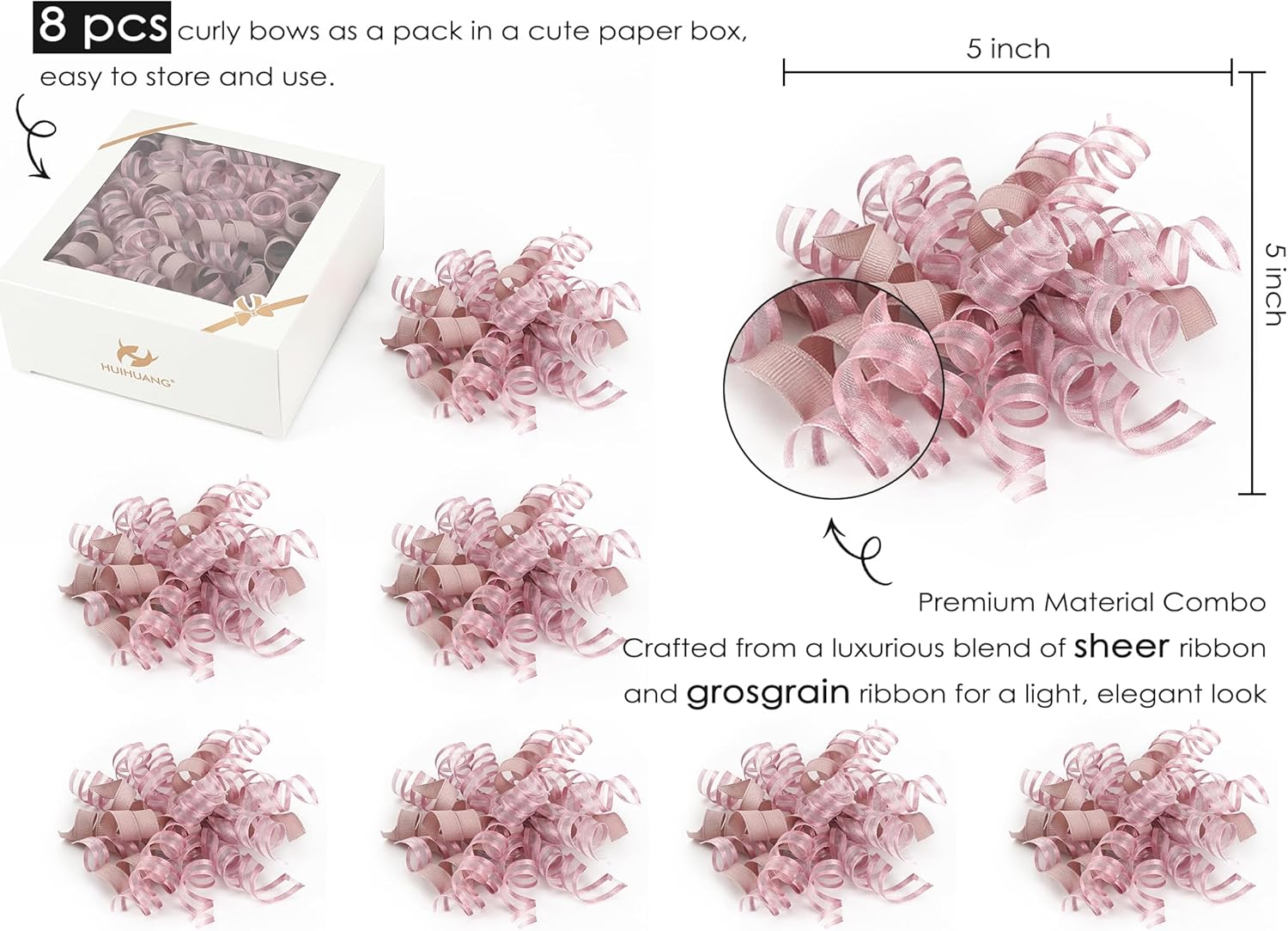 HUIHUANG Self-Adhesive Curly Bows Gift Wrap Accessory Dusty Rose Gift Bow 5 inch x 8 Counts Dusty Pink Ribbon Bows for Presents, Paper Bag, Party Favors, Bridal Shower Wedding Decoration - Image 2