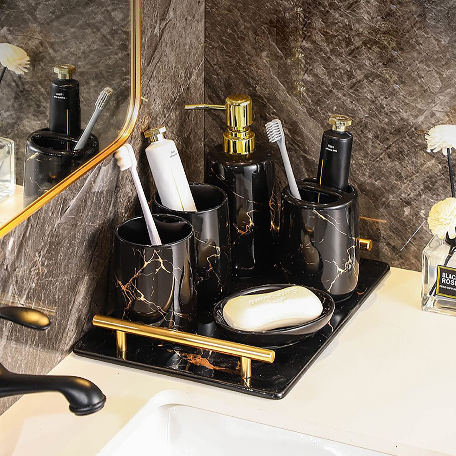 Juegos de Accesorios de baño, Acesorios Cuartos de Baño 5 Piezas con Dispensador Jabon Baño, Jabonera Baño, Porta Cepillo de Dientes, Bandeja, para Champú Gel de Ducha Cerámica
