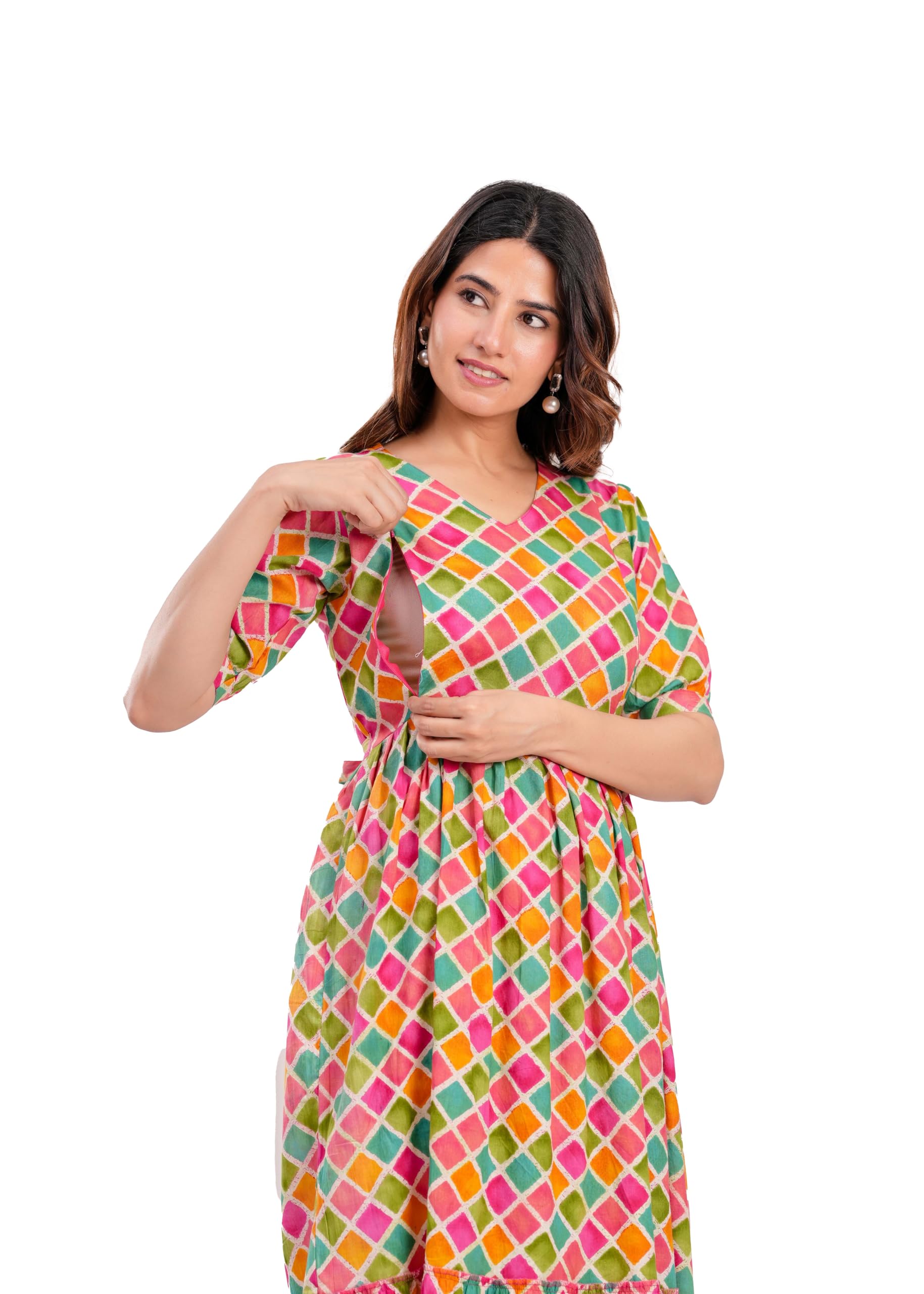Women's Floral Printed Anarkali Maternity Cotton Feeding Kurti Stylish & Trendy Maxi Dress - 3/4 Sleeve, Casual Ethnic Wear-image-47
