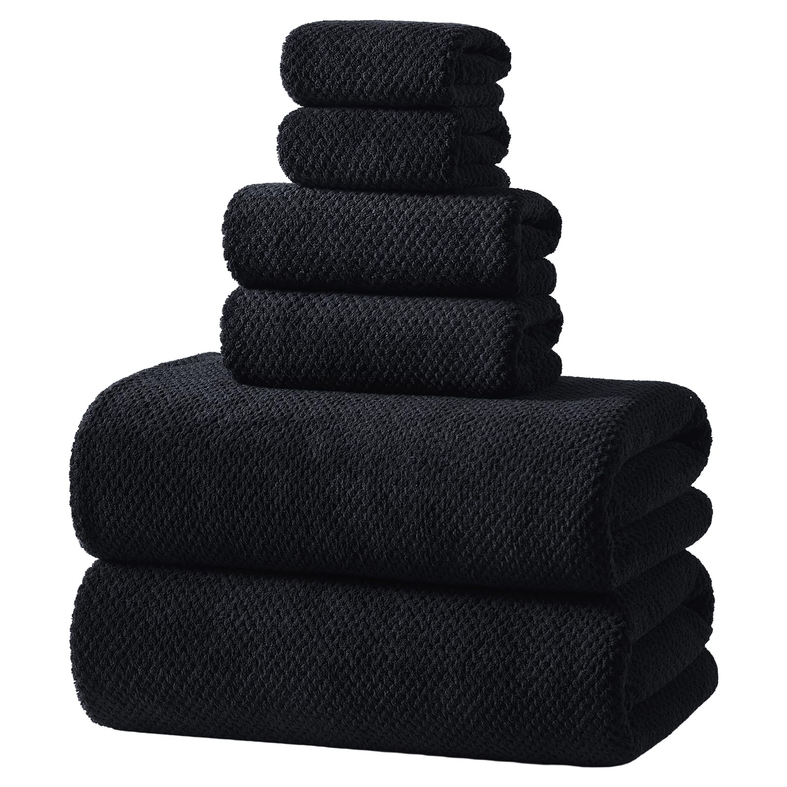 REDKISS 6 Piece Black Towel Set - Extra Large Microfibre Bathroom Towels Set, 2 Bath Towels, 2 Hand Towels, 2 Face Towels, Super Soft, Absorbent and Quick Dry Towels for Bathroom, Gym, Spa & Hotel