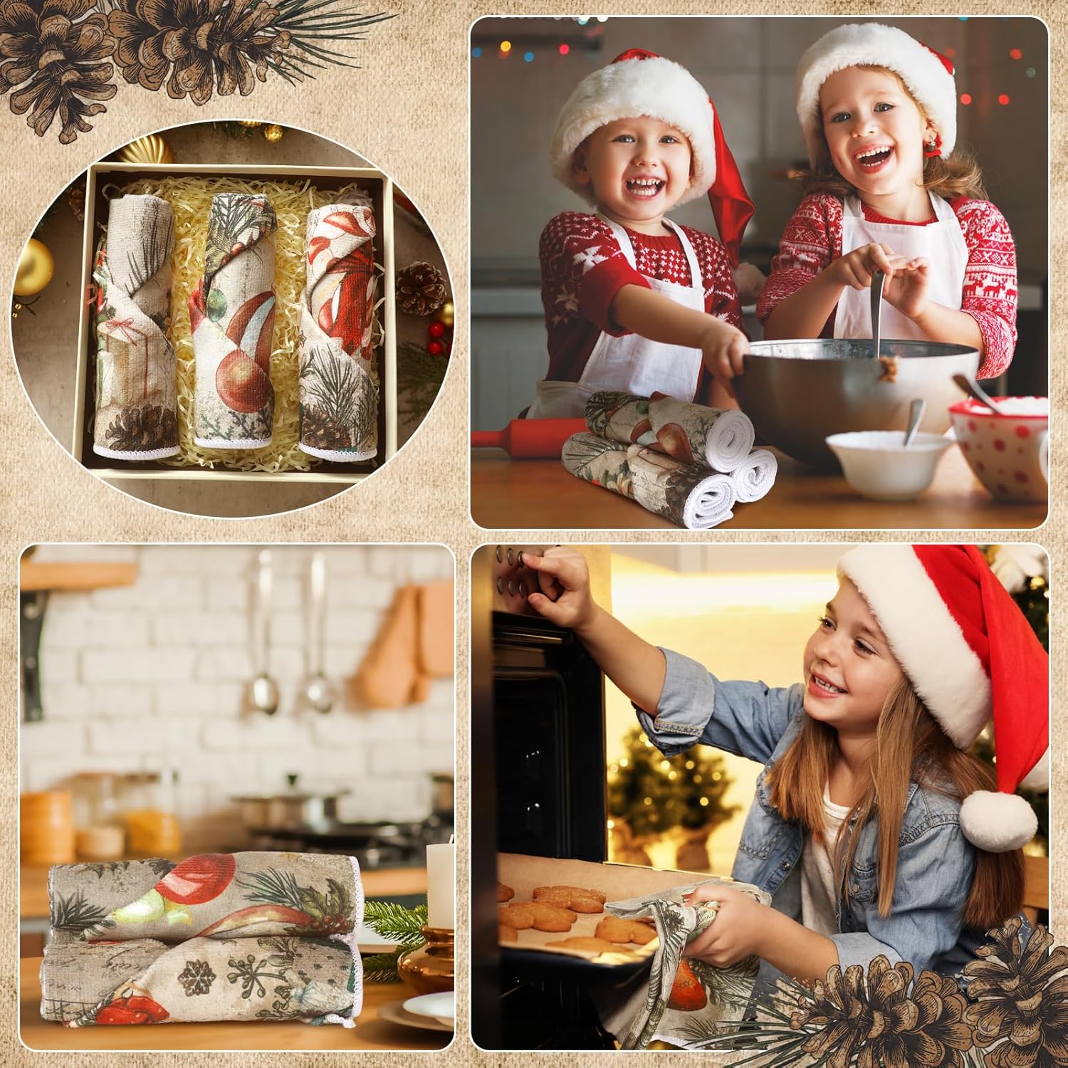 Hosuly 6 Pcs Christmas Kitchen Towels Vintage Santa Dish Cloth Christmas Farmhouse Tea Towels Santa Snowman Sock Ball Xmas Tree Hand Dishcloth Rustic Housewarming Gifts for Kitchen Holiday Cooking - Image 4