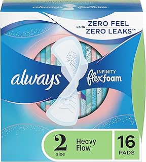Always Infinity Feminine Pads For Women, Size 2 Heavy Flow Absorbency, With Flexfoam, With Wings, Unscented, 16 Ct