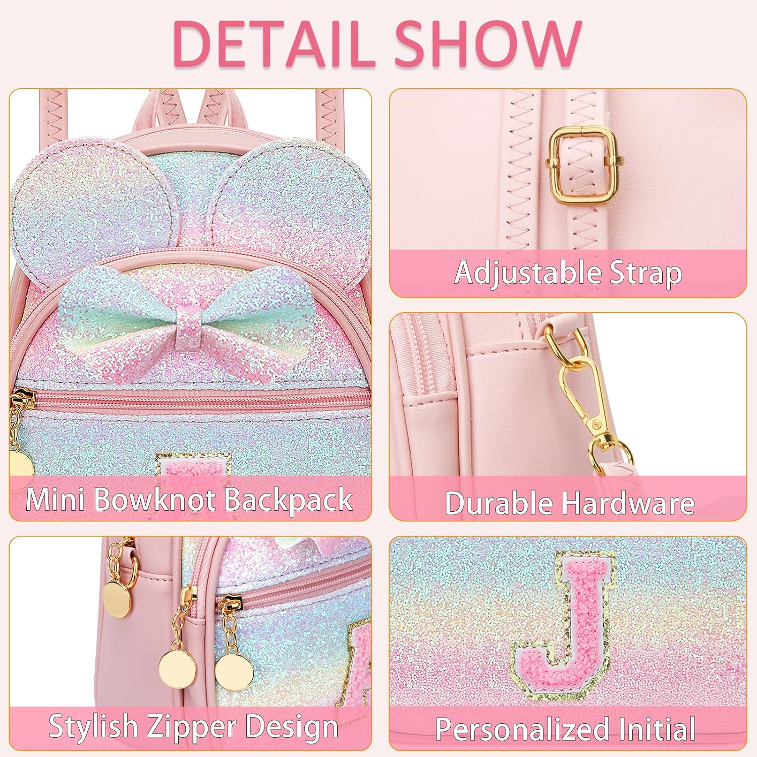 KKXIU Initial Bowknot Mini Backpacks for Girls Women, Small Cute Backpack Purse, Personalized Birthday Gifts for Toddler, Kids and Teen Girls(J, Rainbow) - Image 4