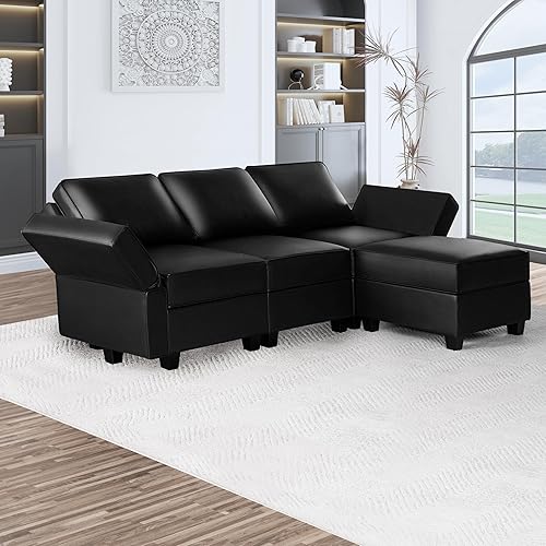 Miniatura 11 de Naomi Home Sarah - Sofá en forma de L con asiento de almacenamiento, sofá modular modular reversible, diván en L, sofá seccional, negro, cuero de